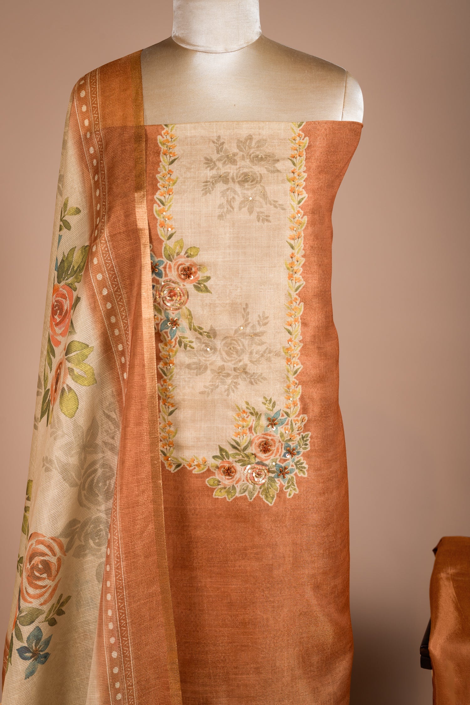 Anokhi Rust Ombre Shimmer Silk Blend Unstitched Suit Set Sterling House
