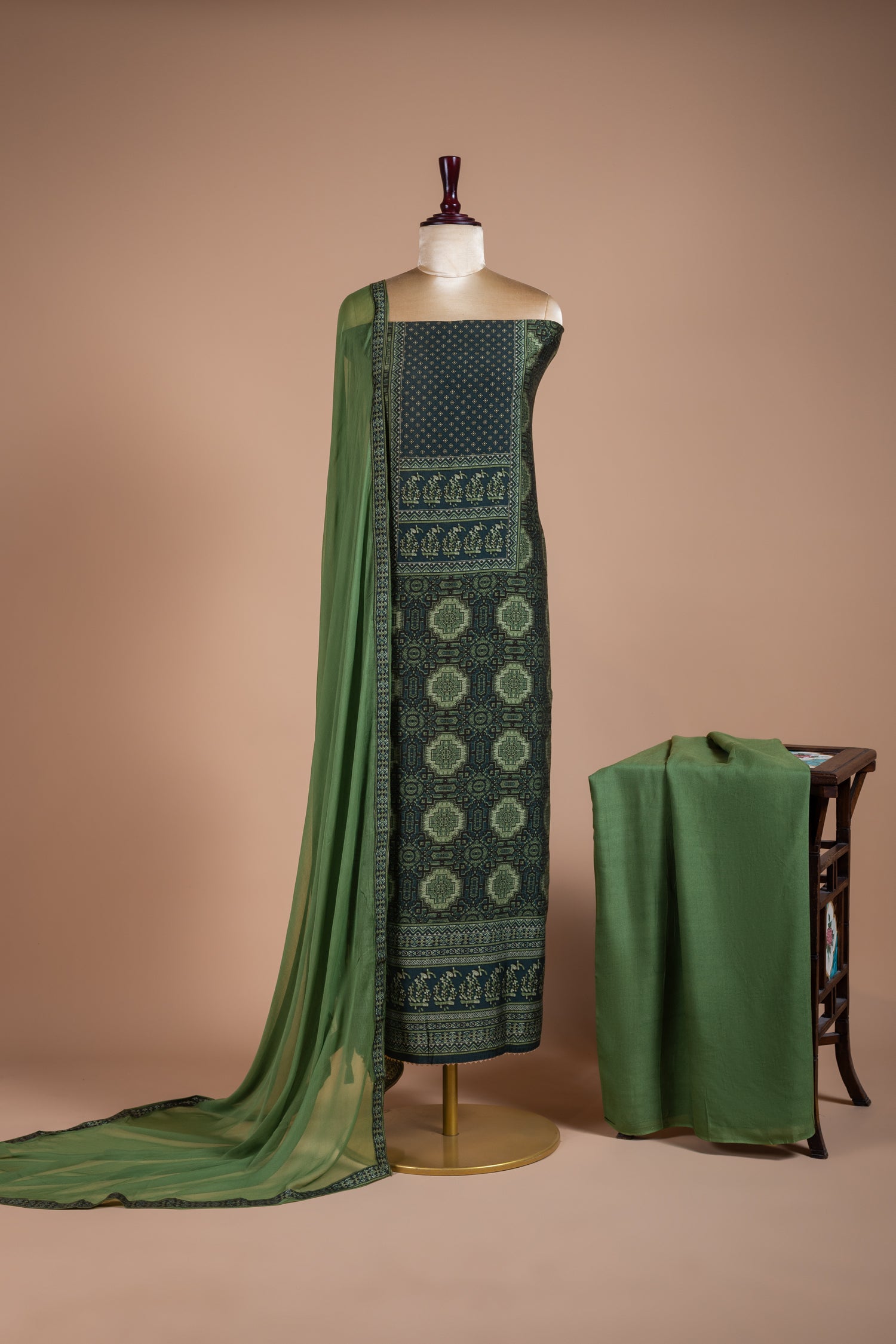 Roze Printed Muslin Blue with Green Unstitched Suit Set