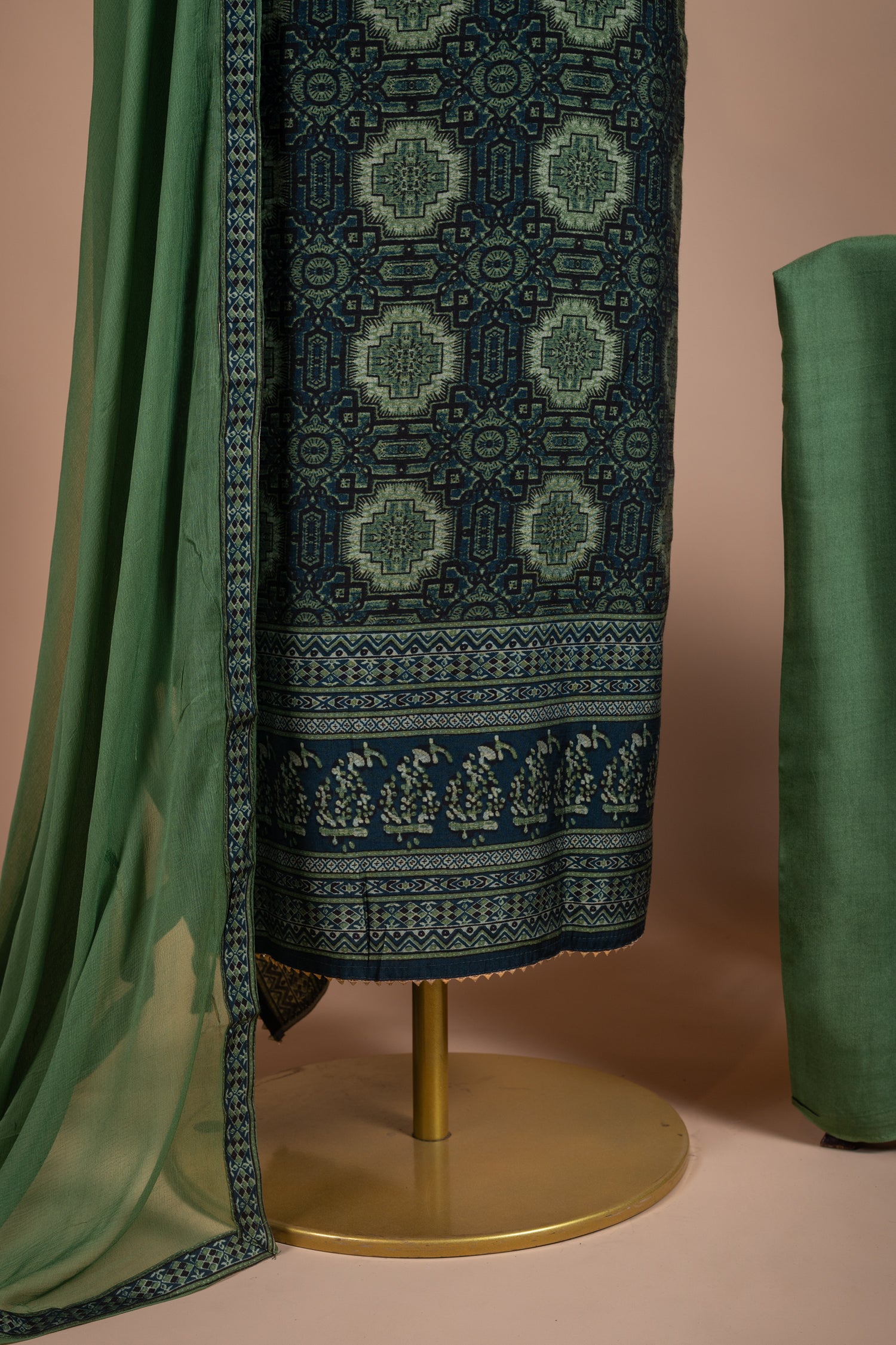 Roze Printed Muslin Blue with Green Unstitched Suit Set