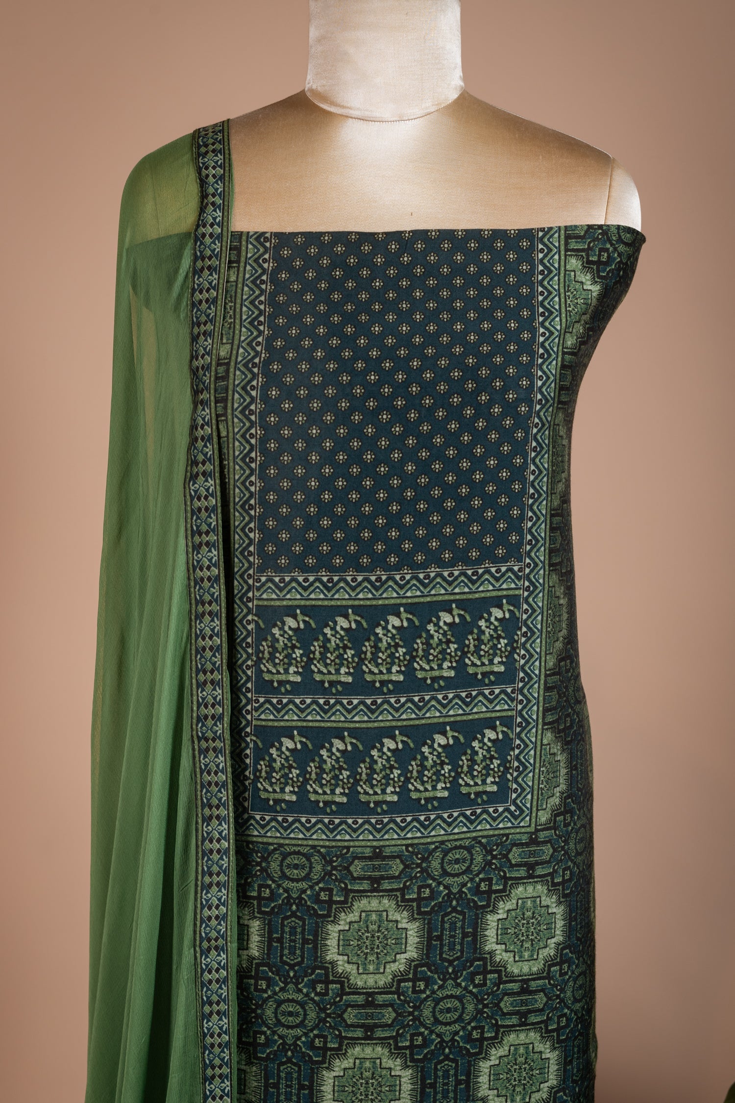 Roze Printed Muslin Blue with Green Unstitched Suit Set Sterling House