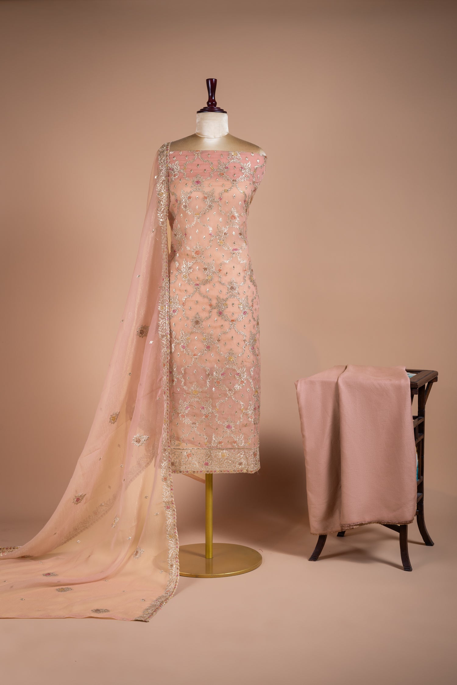 Luxe Pink Crush Shimmer Organza Unstitched Suit Set