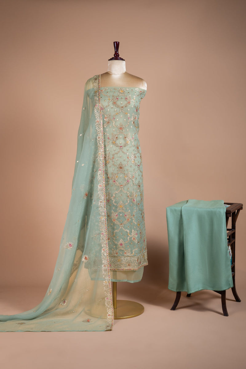 Luxe Blue Crush Shimmer Organza Unstitched Suit Set Sterling House