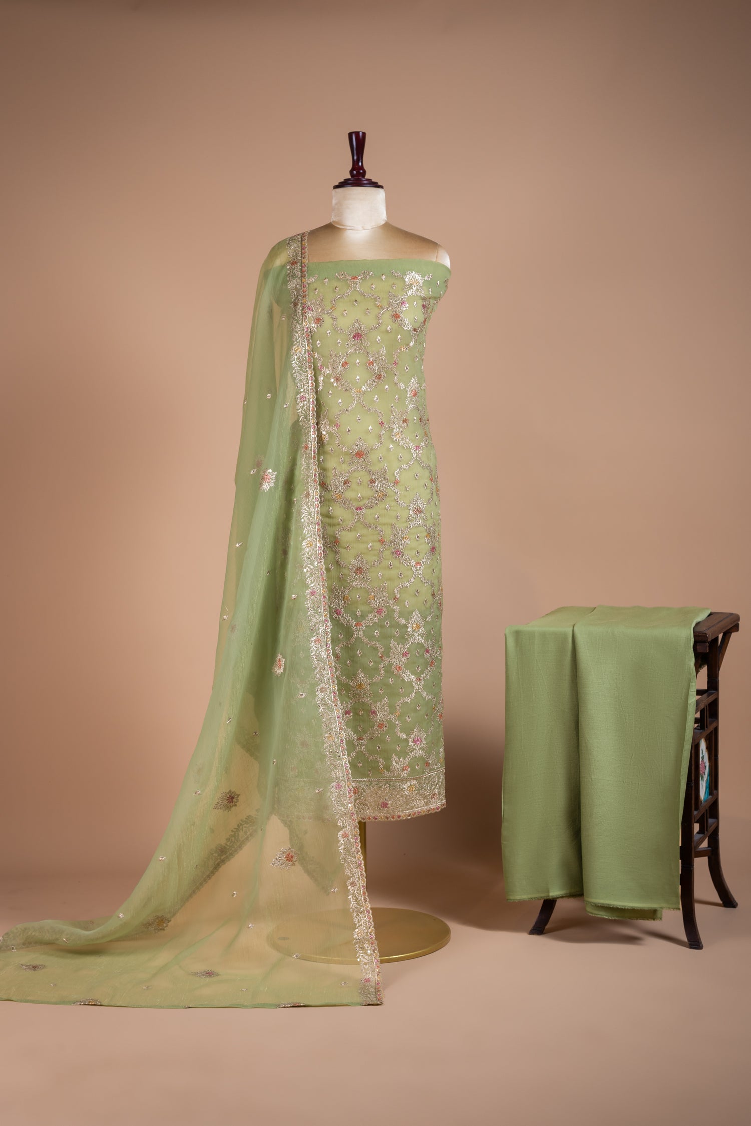 Luxe Green Crush Shimmer Organza Unstitched Suit Set