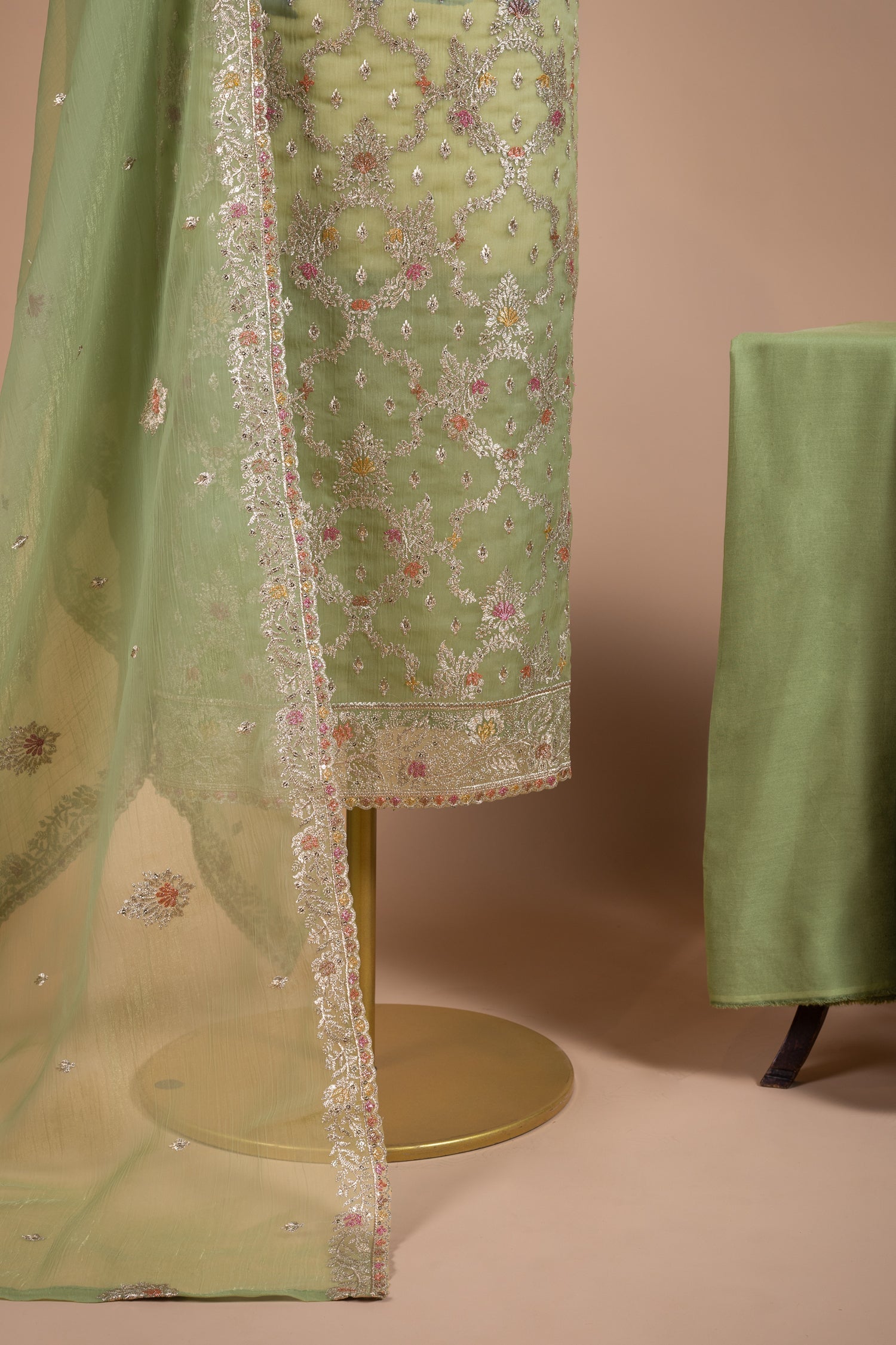 Luxe Green Crush Shimmer Organza Unstitched Suit Set Sterling House