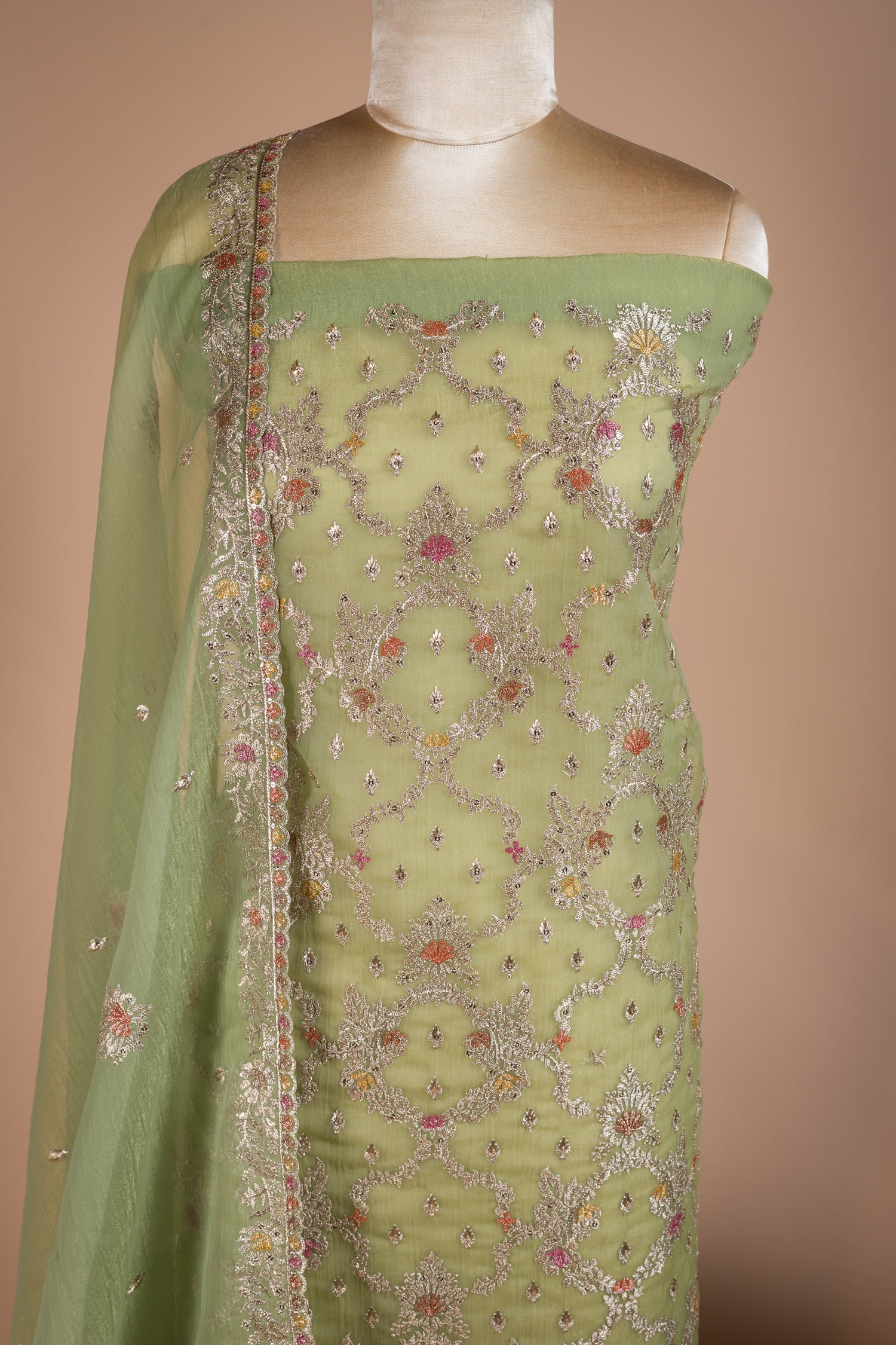 Luxe Green Crush Shimmer Organza Unstitched Suit Set Sterling House