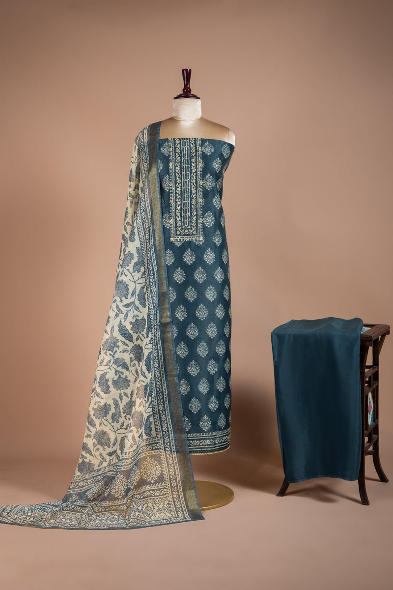 Roze Navy Blue Chanderi Silk Blend Unstitched Suit Set Sterling House