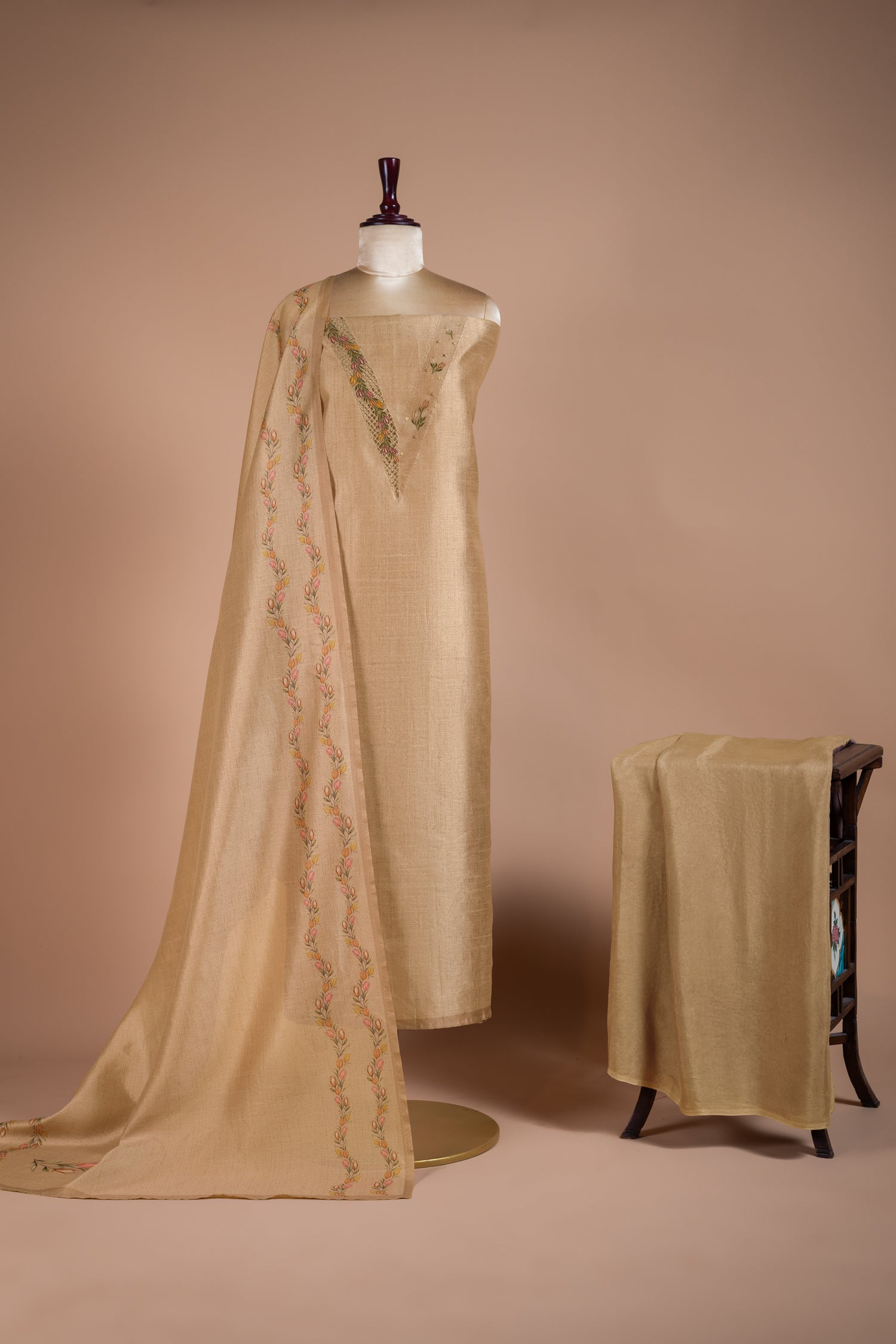 Luxe Beige Chanderi Silk Blend Unstitched Suit Set