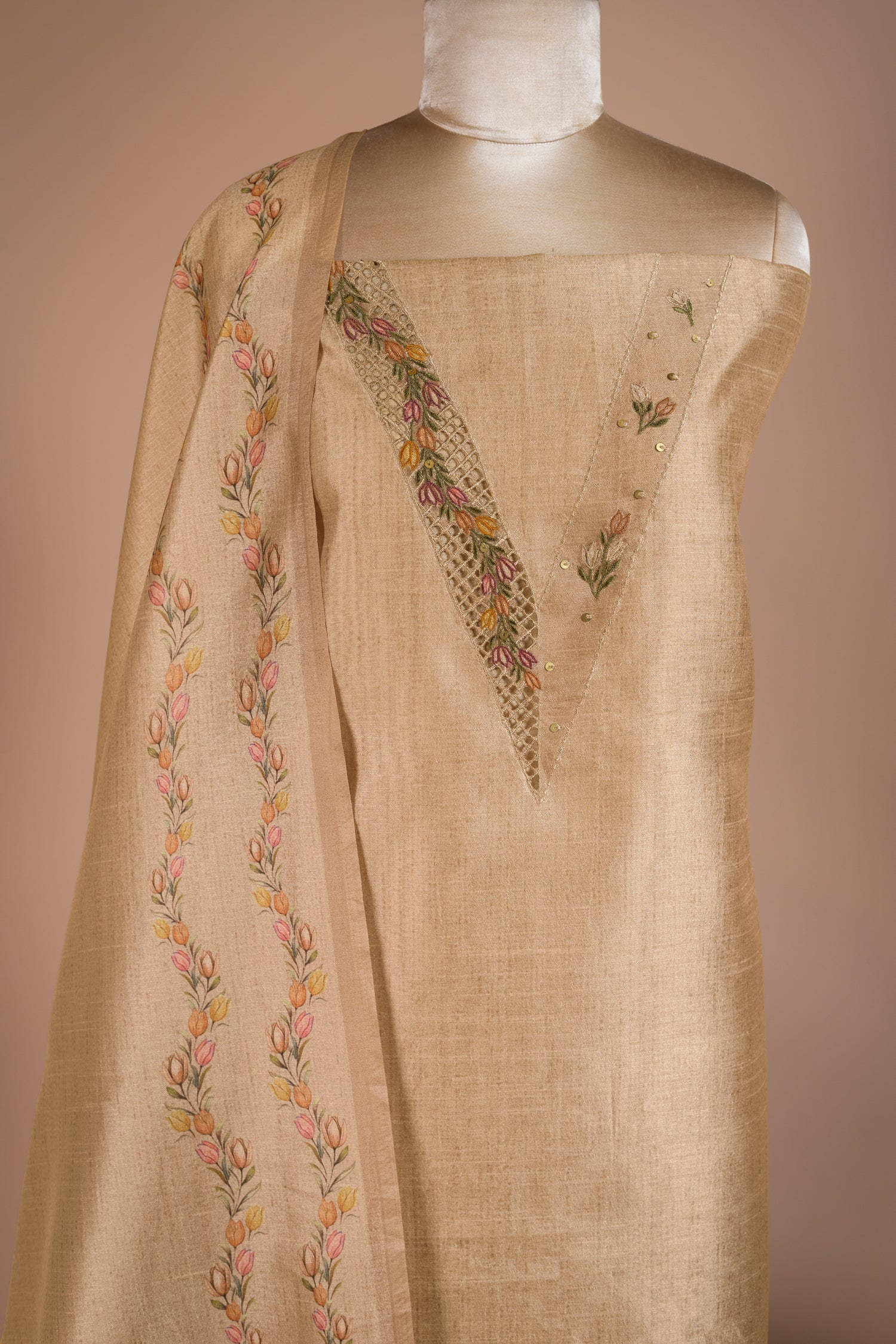 Luxe Beige Chanderi Silk Blend Unstitched Suit Set Sterling House