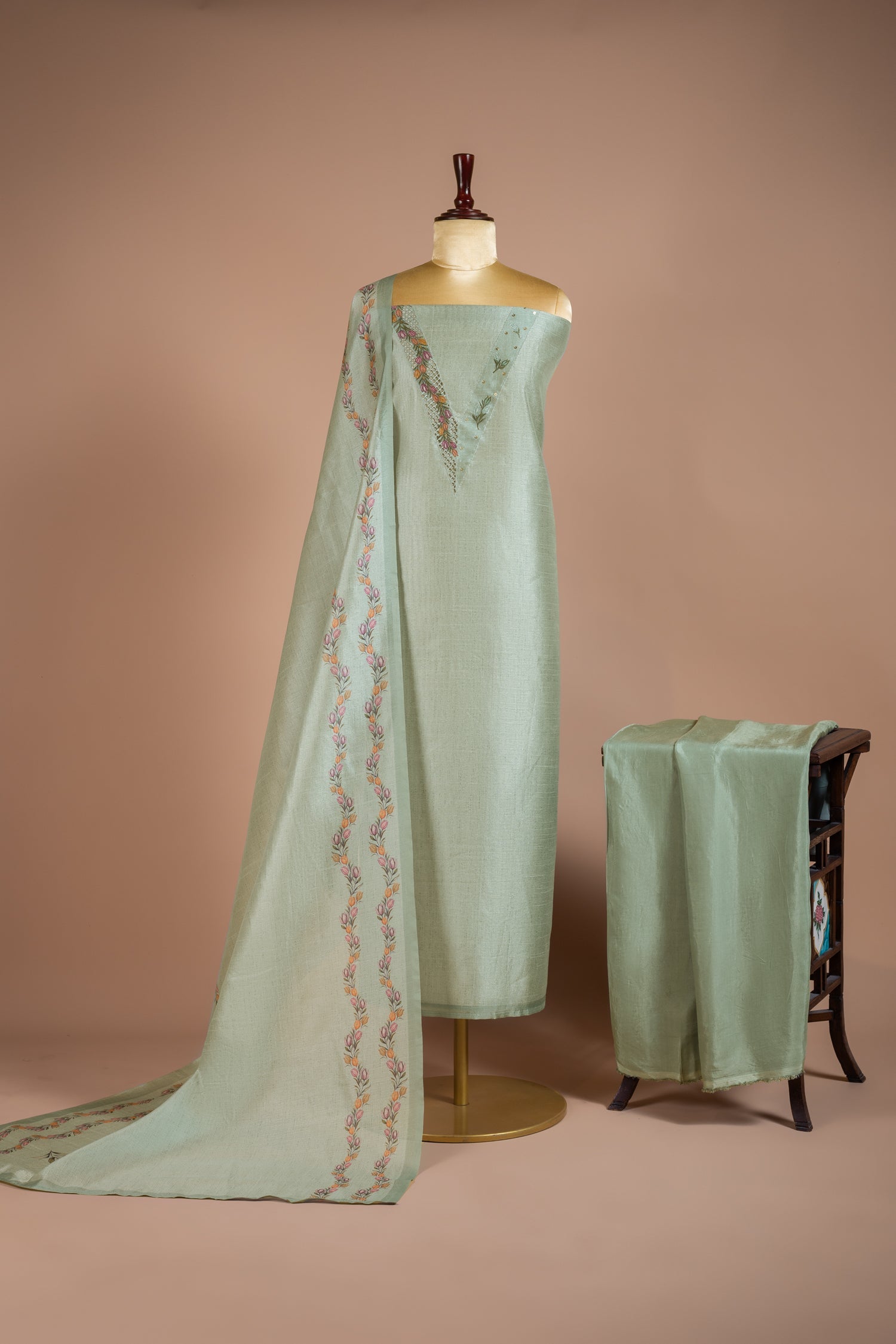 Luxe Pista Green Chanderi Silk Blend Unstitched Suit Set Sterling House