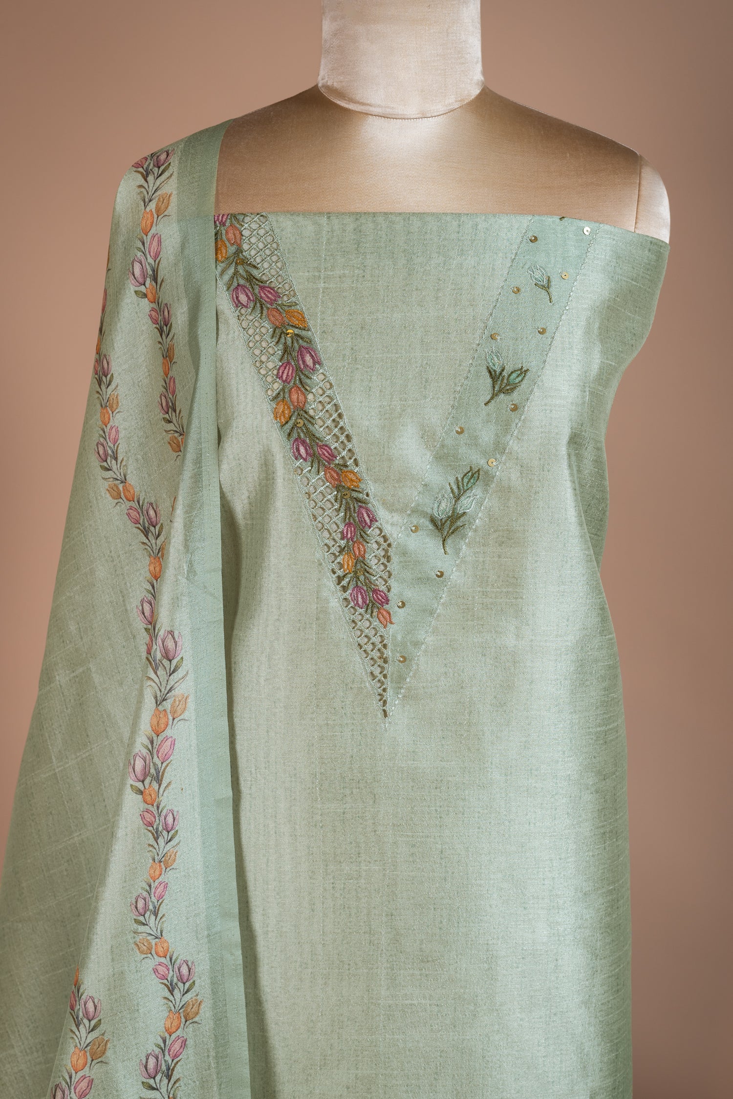 Luxe Pista Green Chanderi Silk Blend Unstitched Suit Set Sterling House