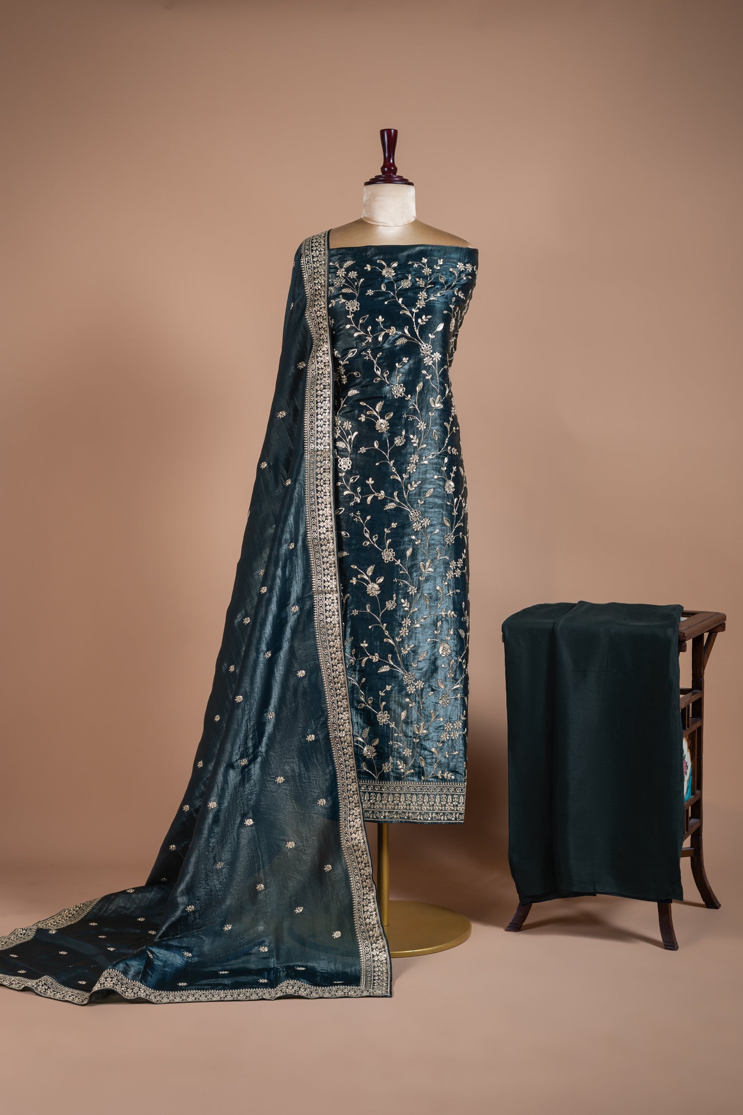 Luxe Blue Soft Shimmer Organza Unstitched Suit Set