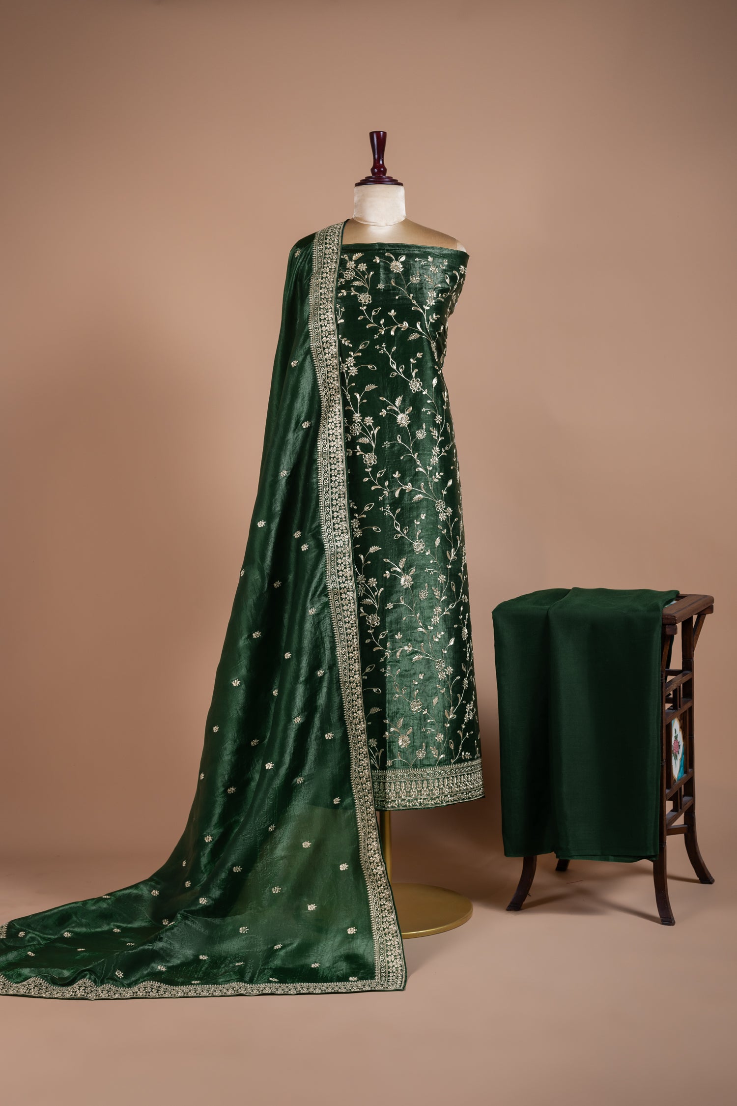 Luxe Green Soft Shimmer Organza Unstitched Suit Set