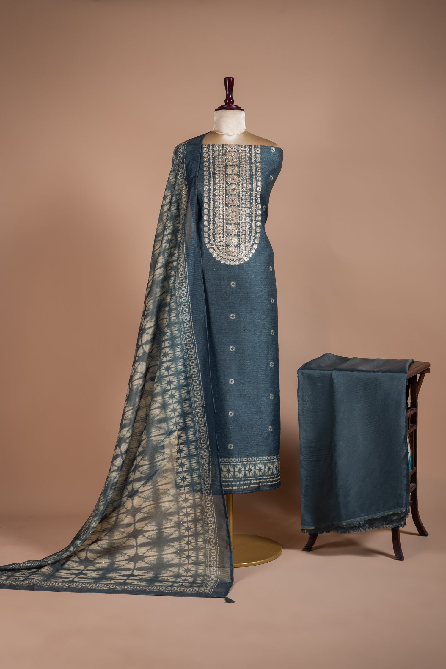 Roze Navy Blue Chanderi Silk Blend Unstitched Suit Set Sterling House