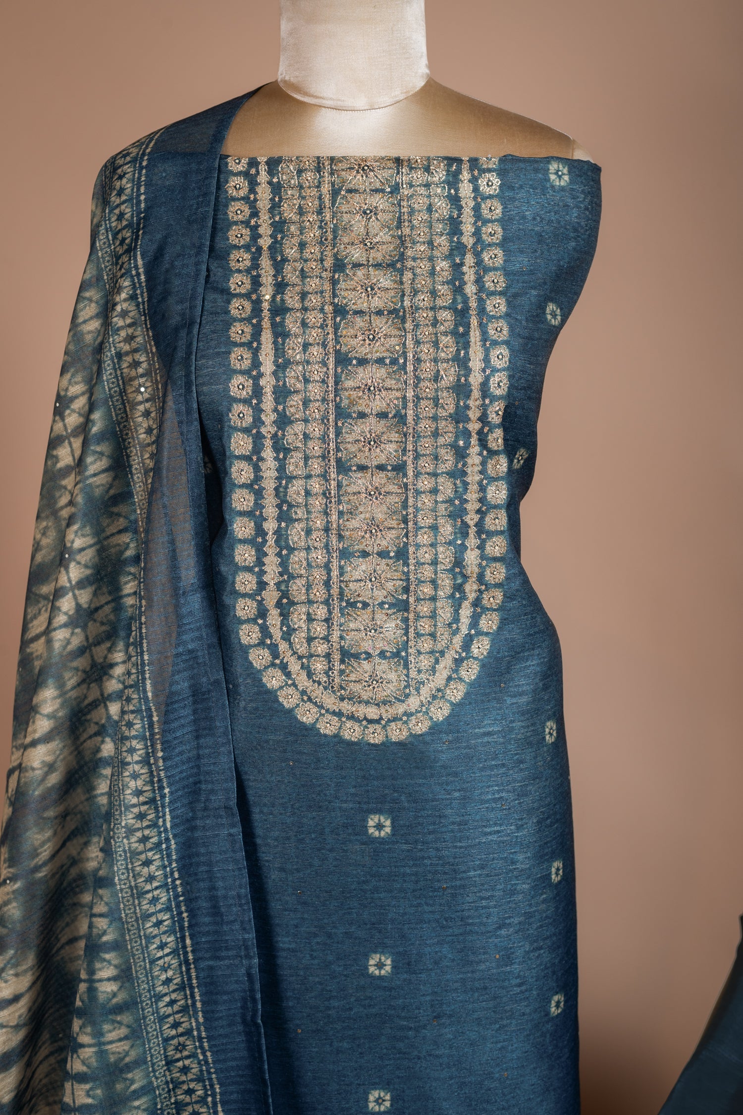 Roze Navy Blue Chanderi Silk Blend Unstitched Suit Set Sterling House