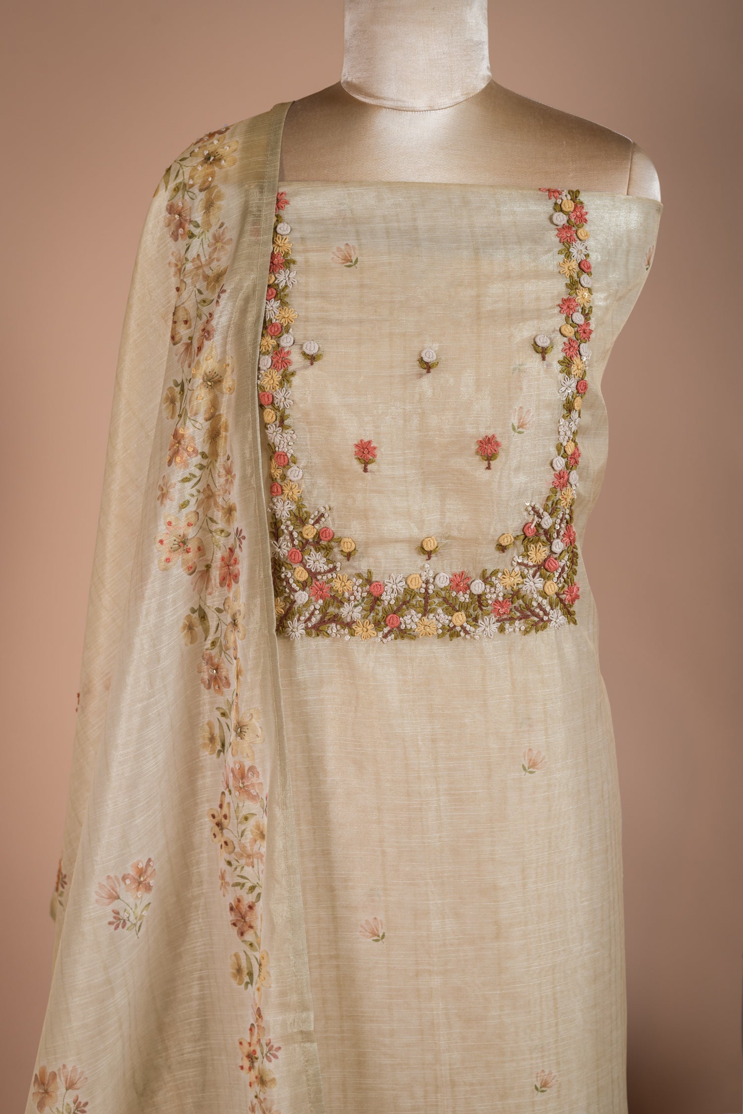 Afreen Ivory Kota Shimmer Blend Unstitched Suit Set Sterling House