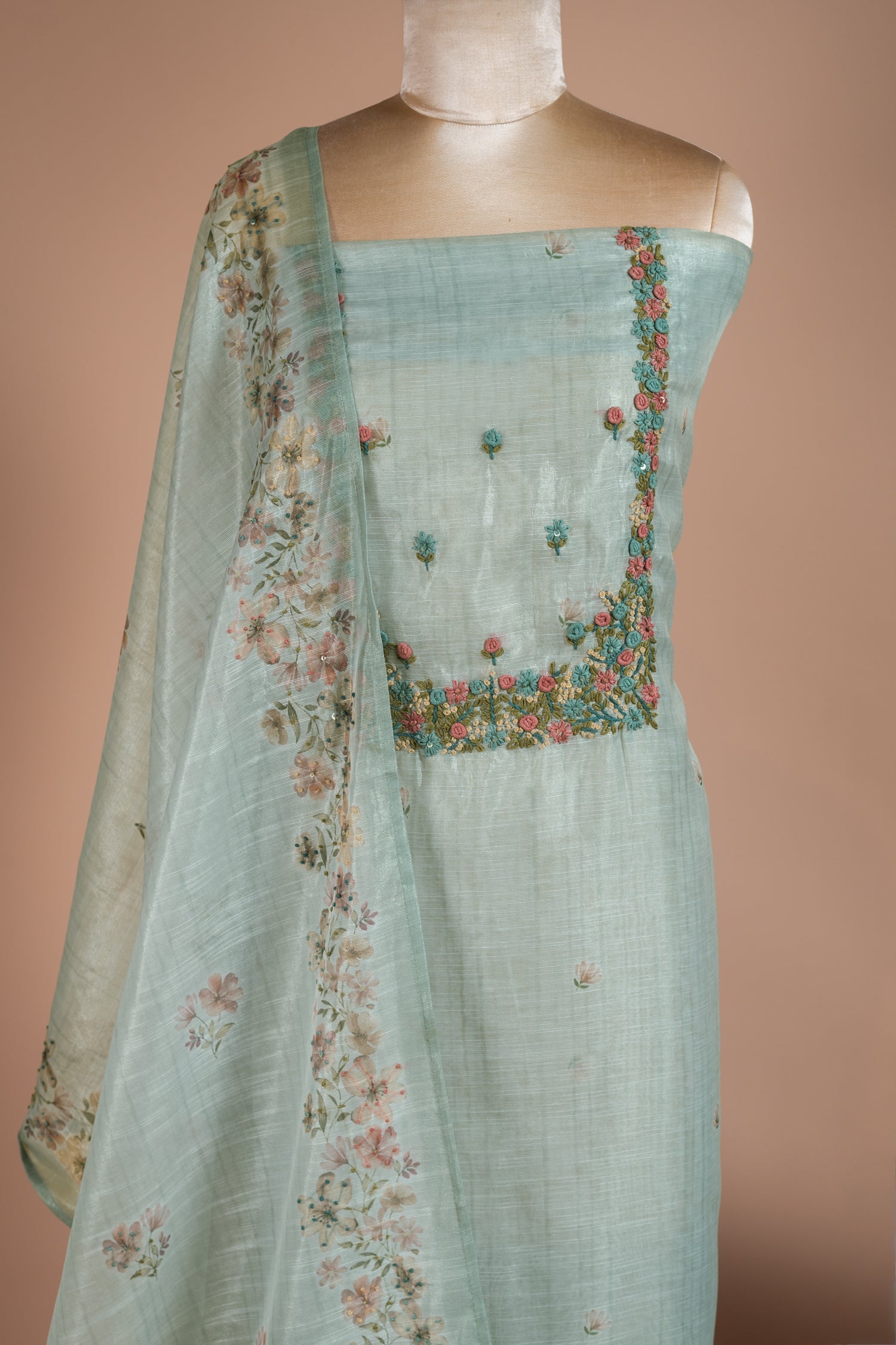 Afreen Blue Kota Shimmer Blend Unstitched Suit Set Sterling House