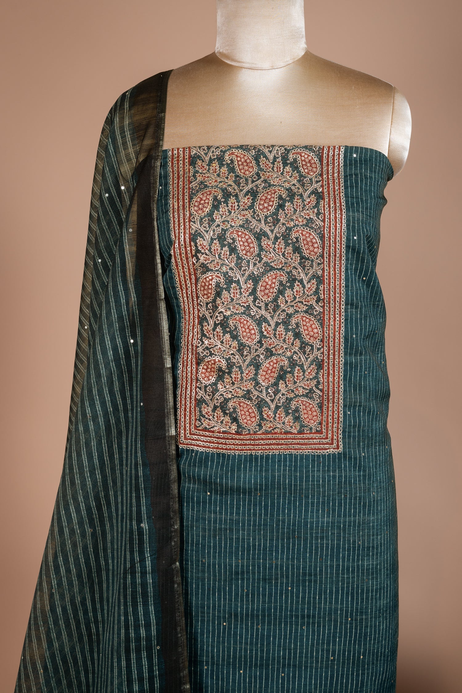 Roze Navy Blue Chanderi Silk Blend Unstitched Suit Set Sterling House