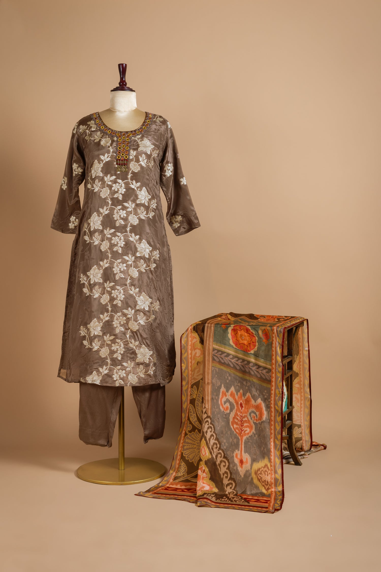 Anokhi Rich Brown Crepe Silk Blend Suit Set