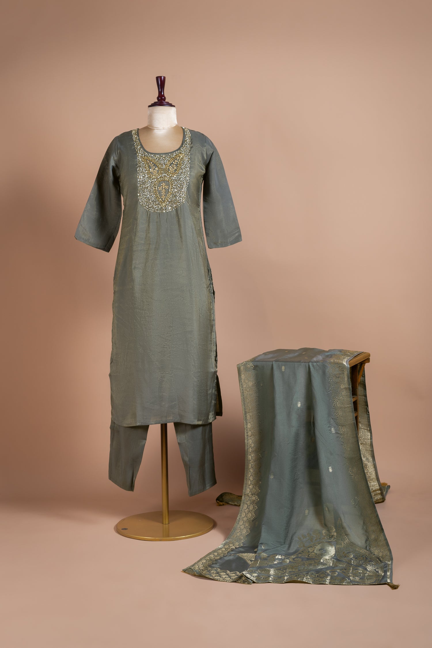 Afreen Soft Shimmer Silk Grey Readymade Suit Set