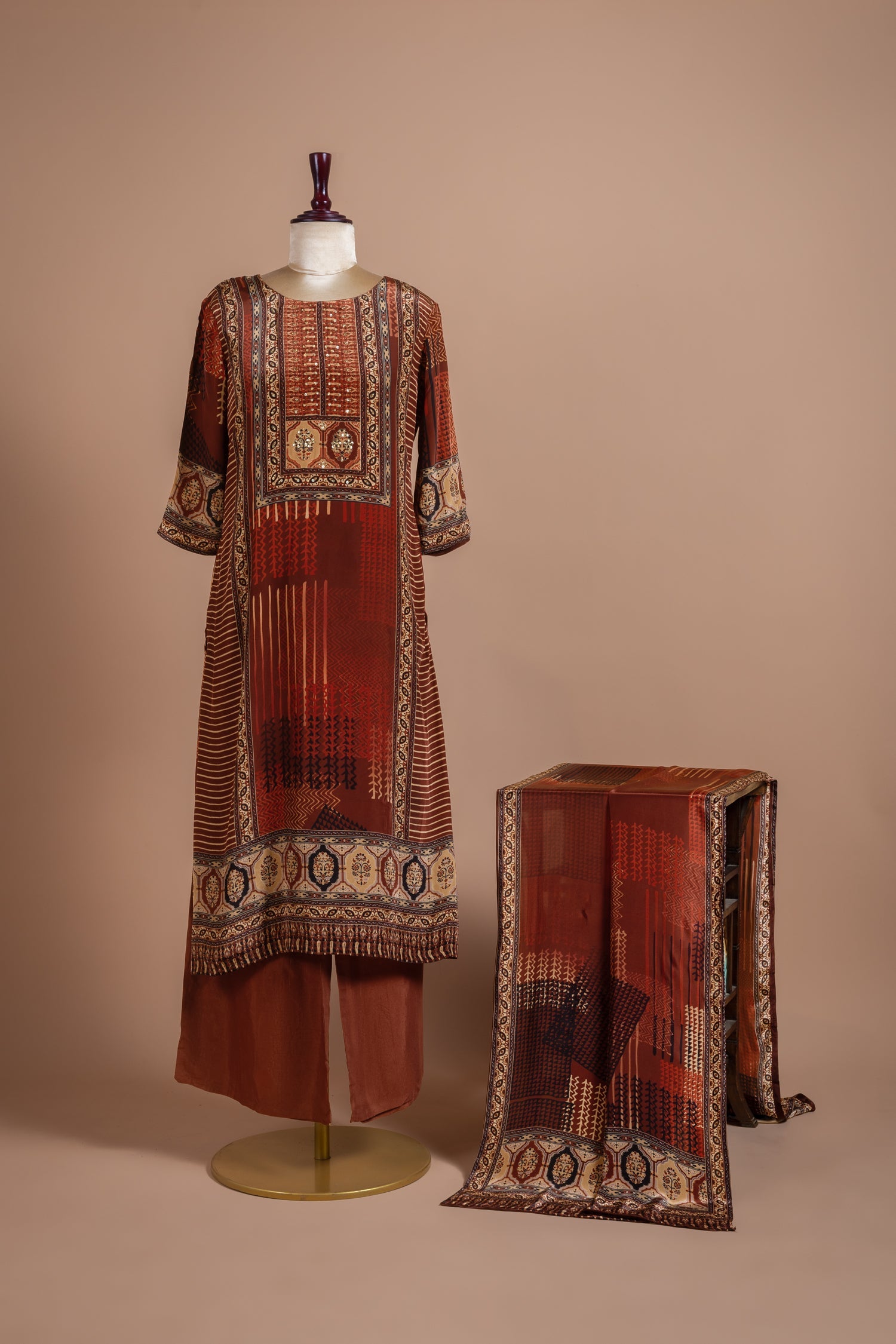 Afreen Brown Soft Crepe Silk Blend Readymade Set Sterling House