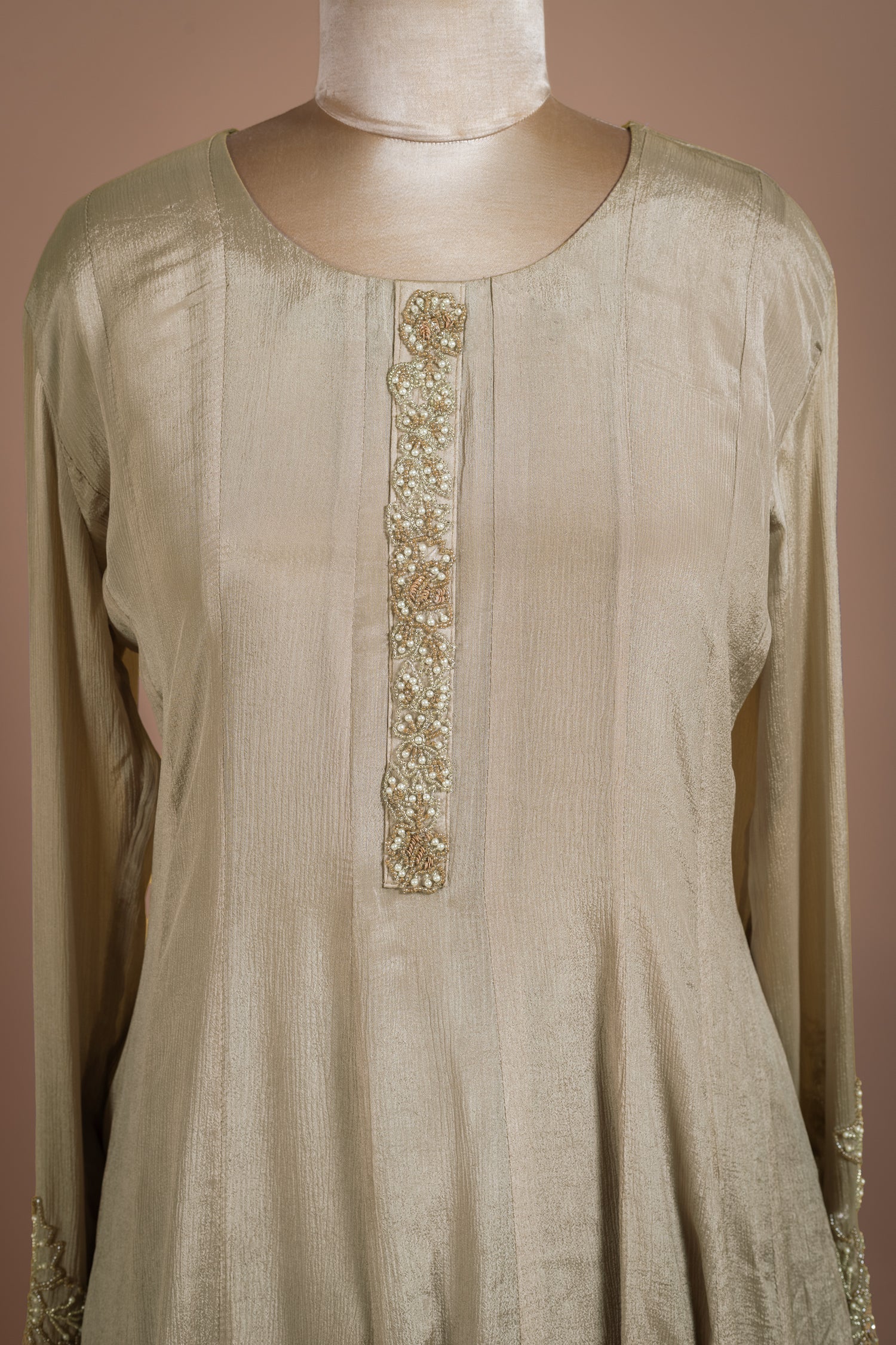 Afreen Almond Pink Chinnon Readymade Anarkali Set