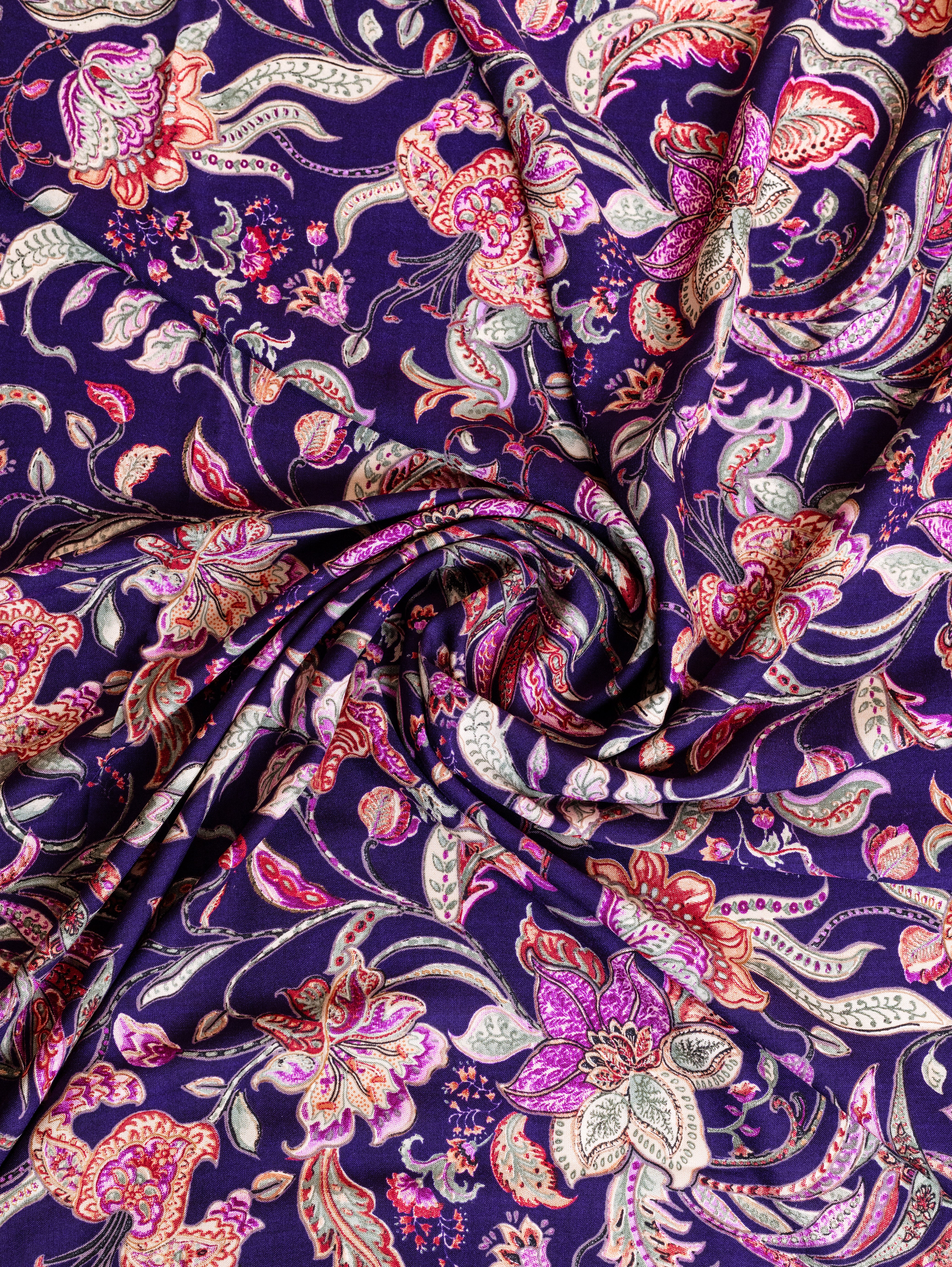 Roze Purple Rayon Fabric with Floral Print