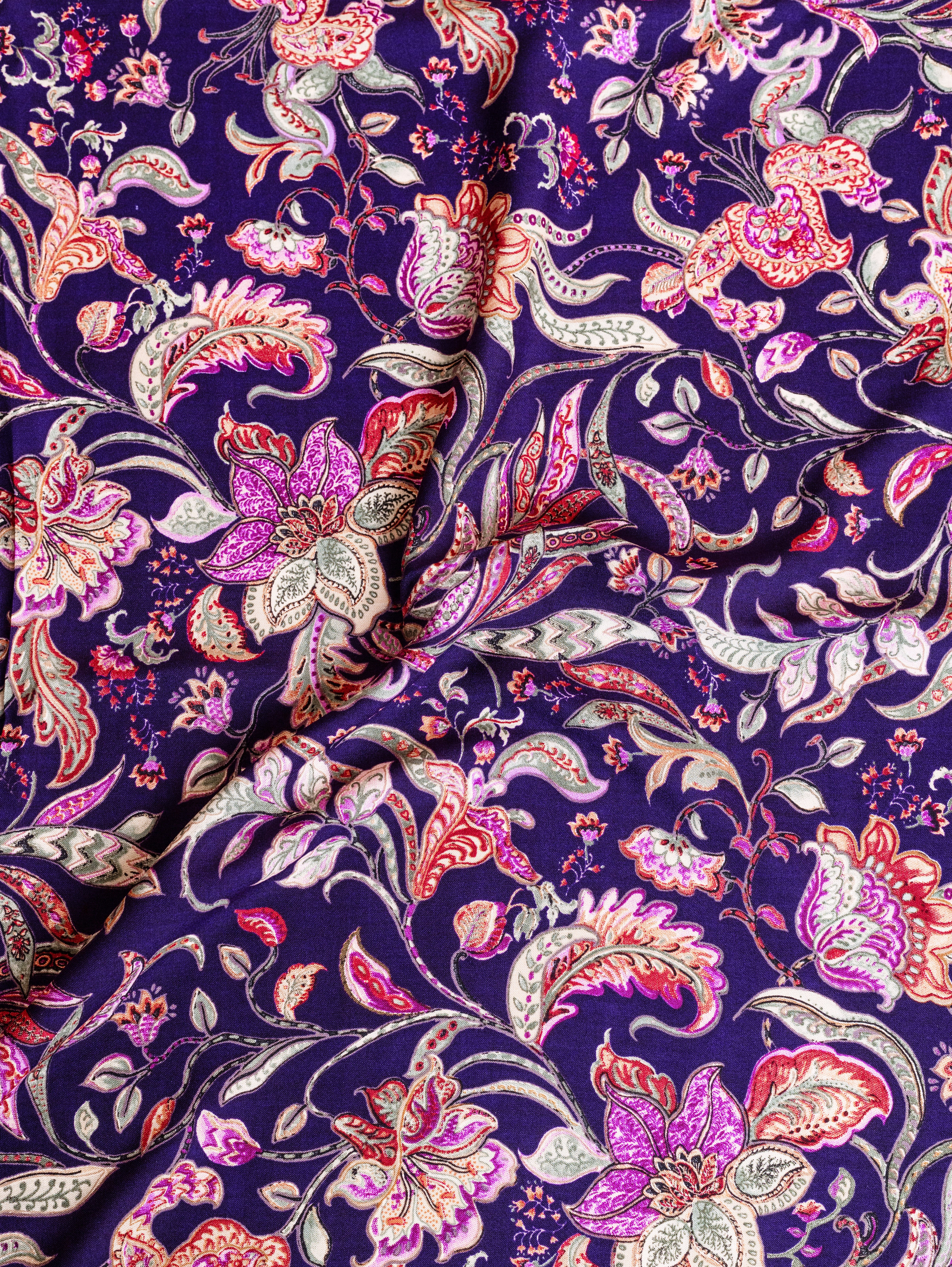 Roze Purple Rayon Fabric with Floral Print