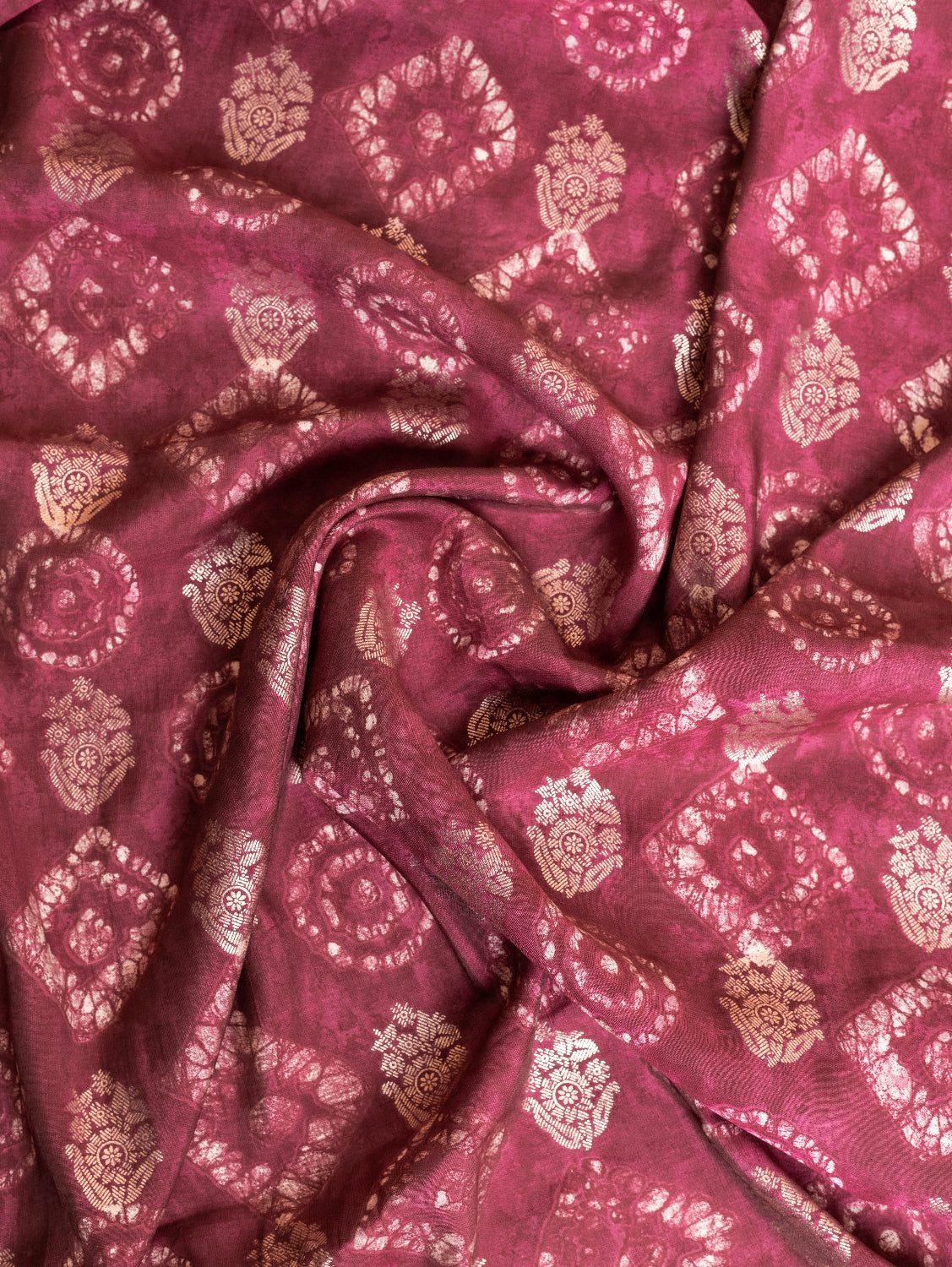 Roze Onion Pink Muslin Fabric with Geometric Print and Gold Weave