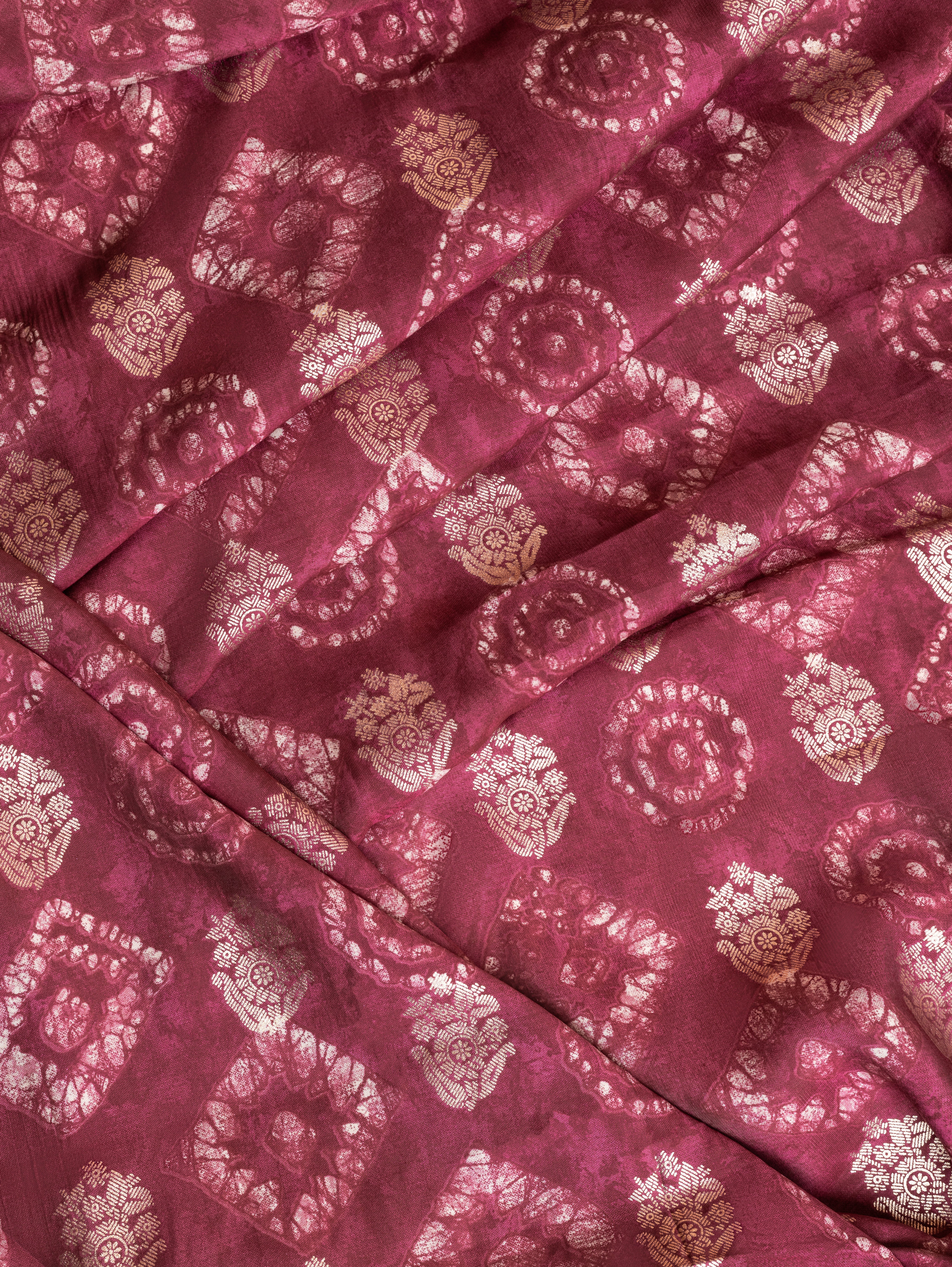 Roze Onion Pink Muslin Fabric with Geometric Print and Gold Weave