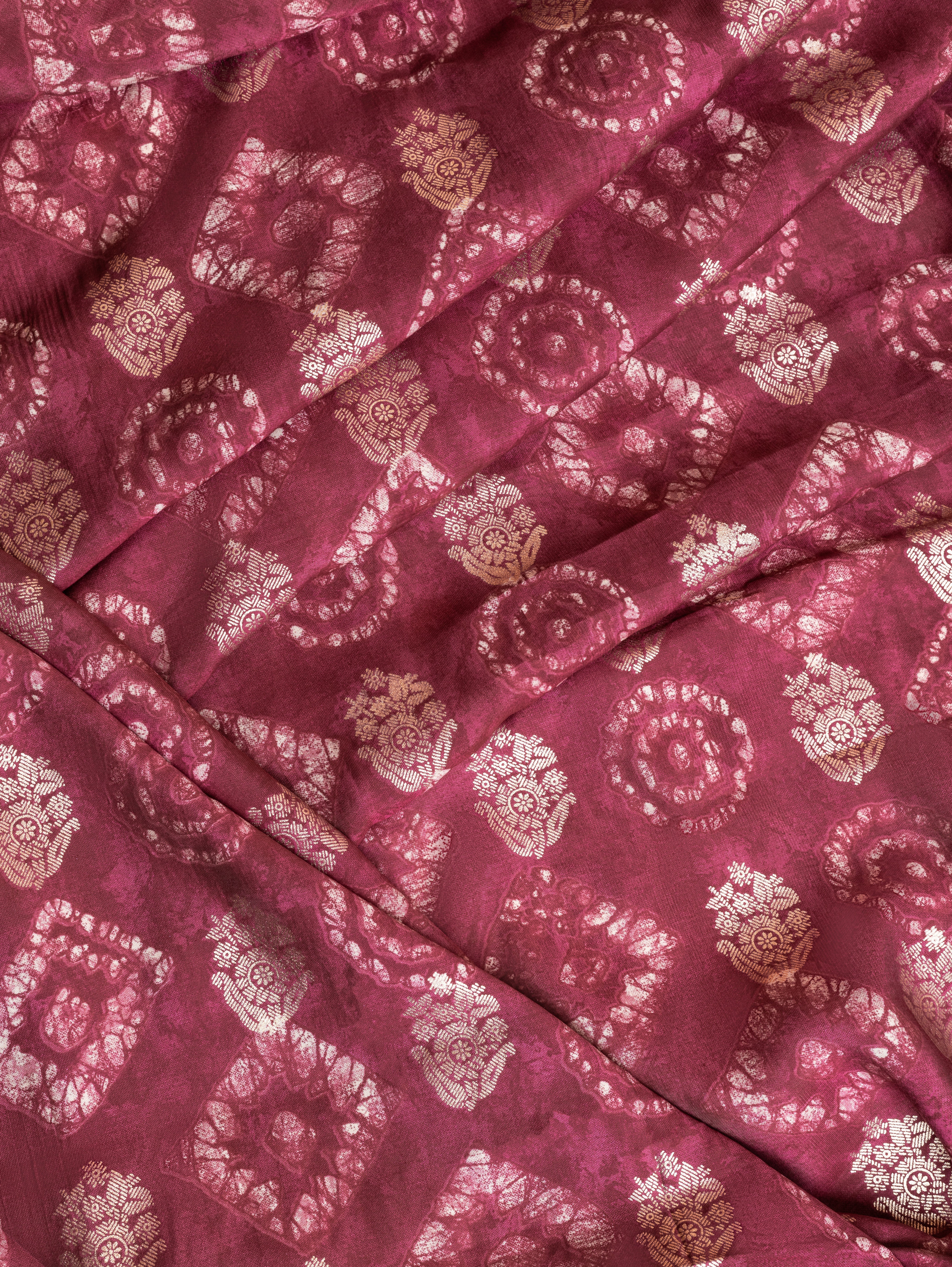 Roze Onion Pink Muslin Fabric with Geometric Print and Gold Weave Sterling House