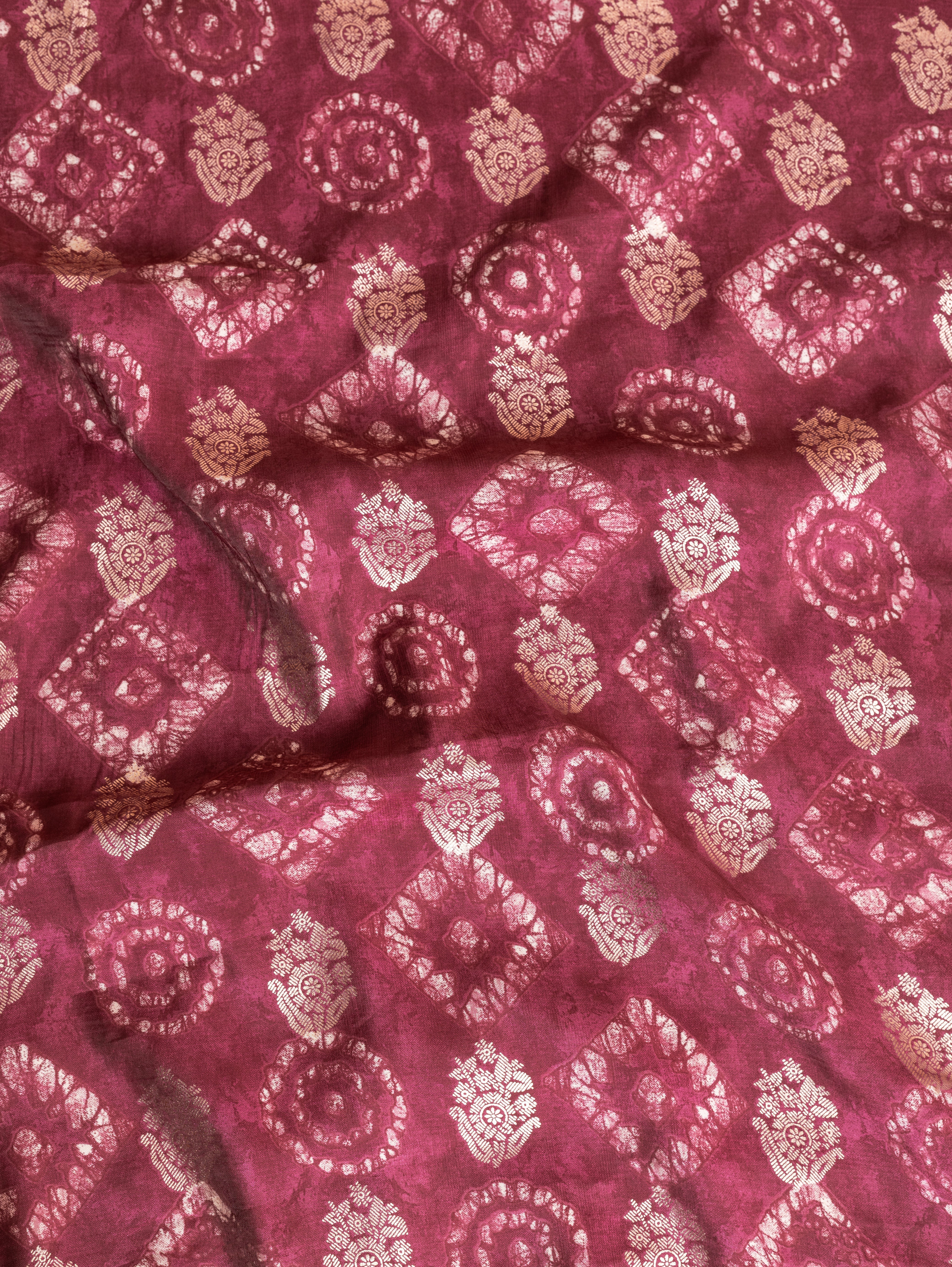 Roze Onion Pink Muslin Fabric with Geometric Print and Gold Weave Sterling House