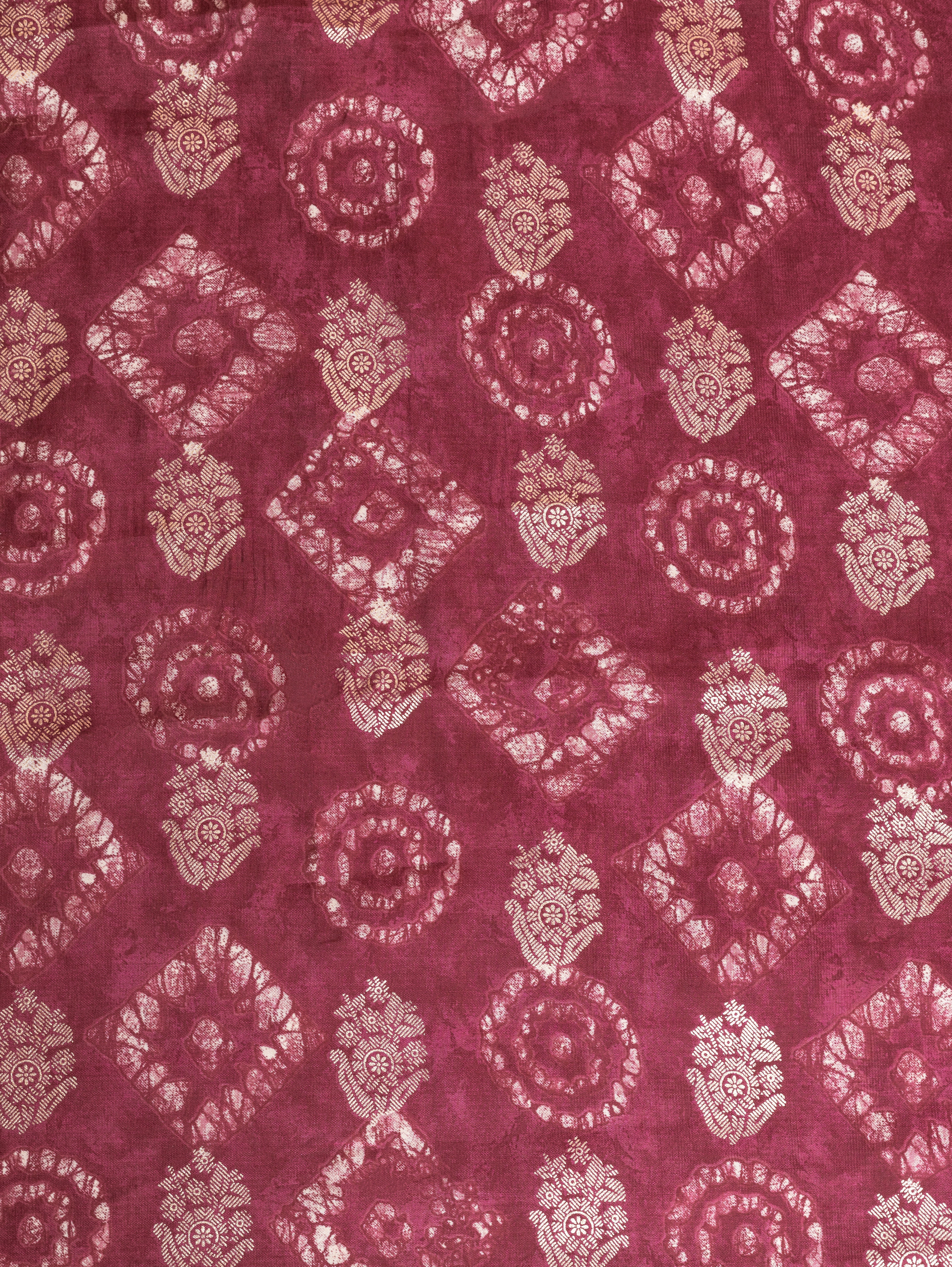 Roze Onion Pink Muslin Fabric with Geometric Print and Gold Weave
