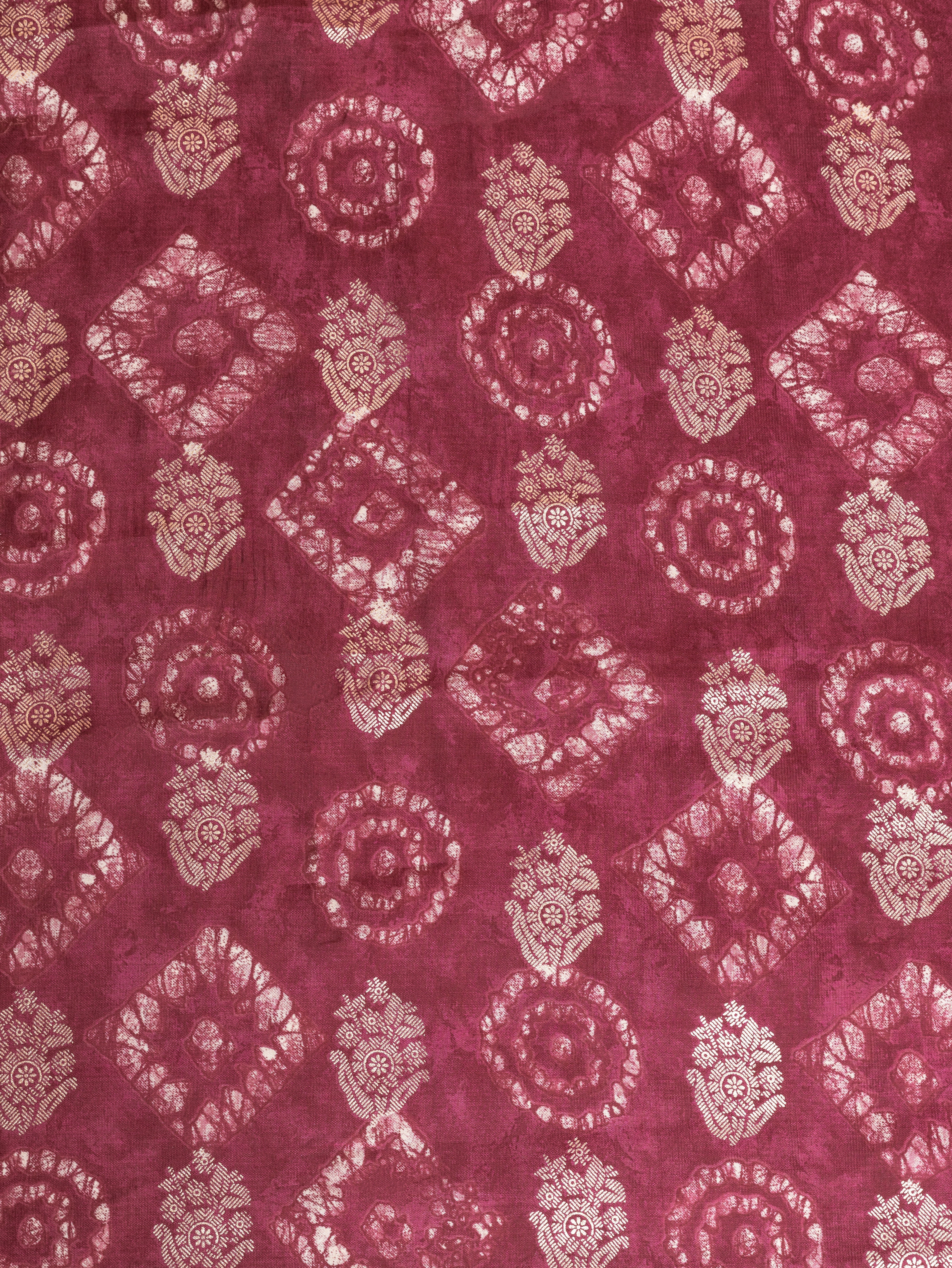 Roze Onion Pink Muslin Fabric with Geometric Print and Gold Weave Sterling House