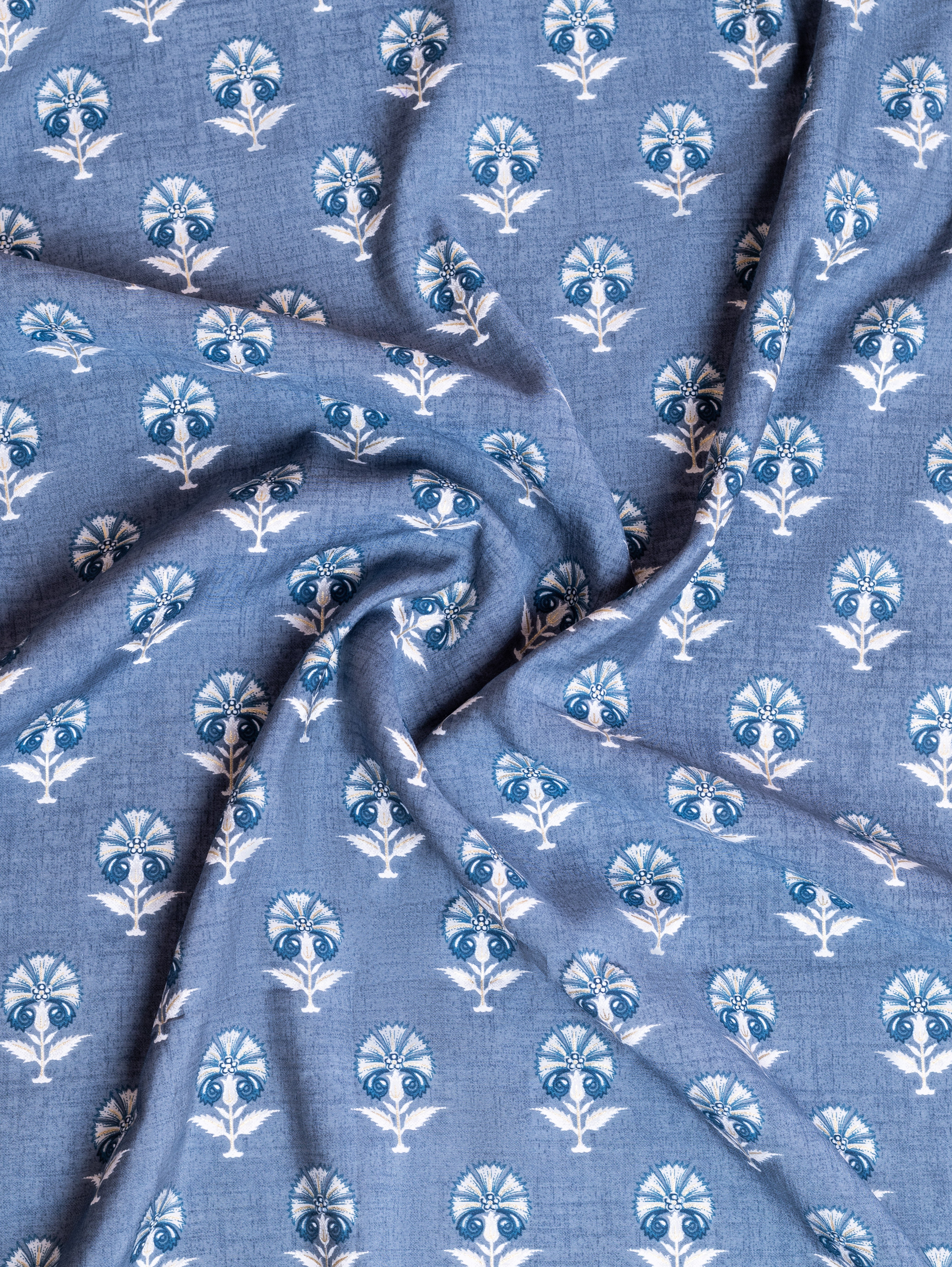 Roze Blue Muslin Fabric with Floral Print and Foil Detailing