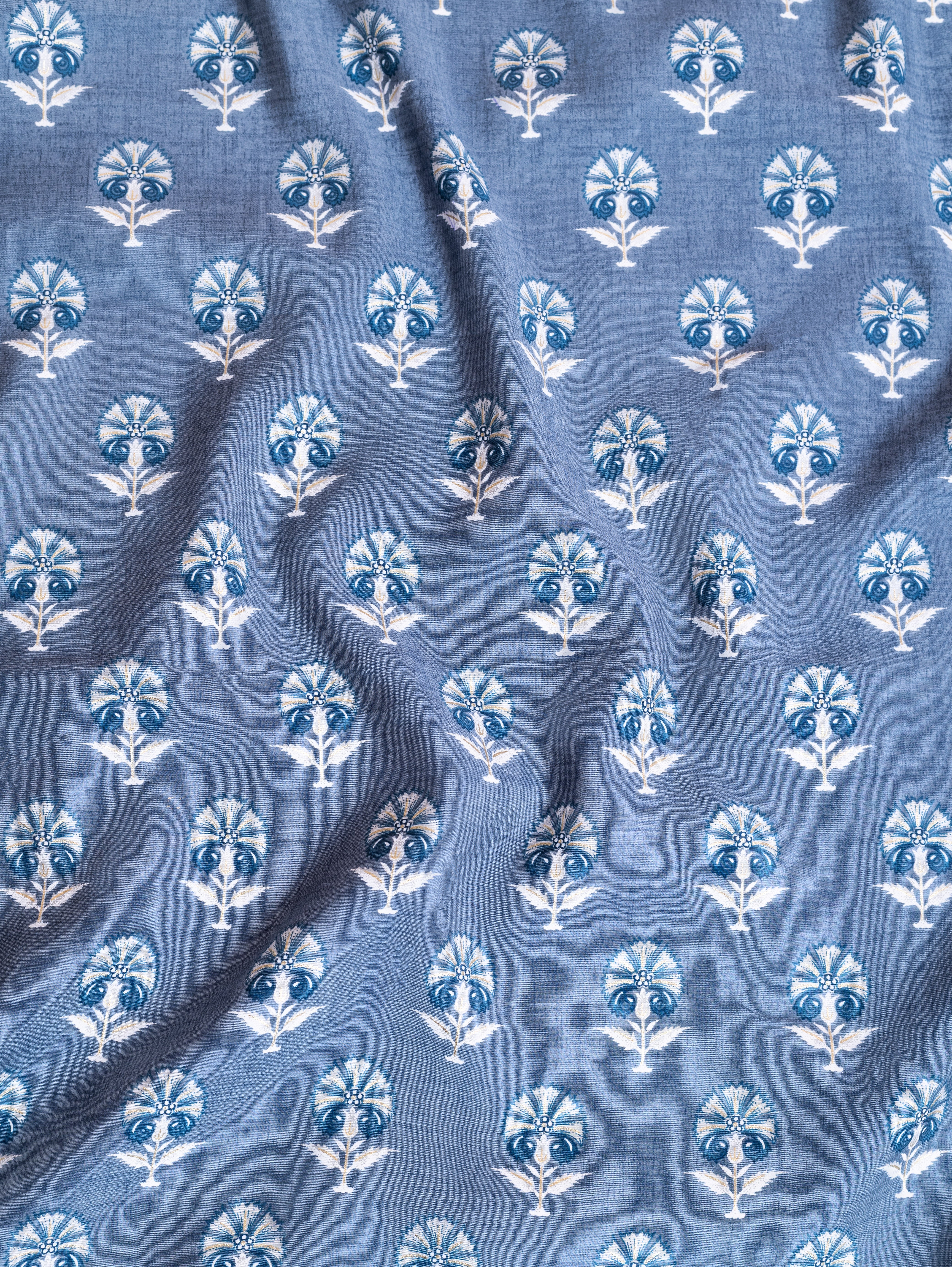 Roze Blue Muslin Fabric with Floral Print and Foil Detailing