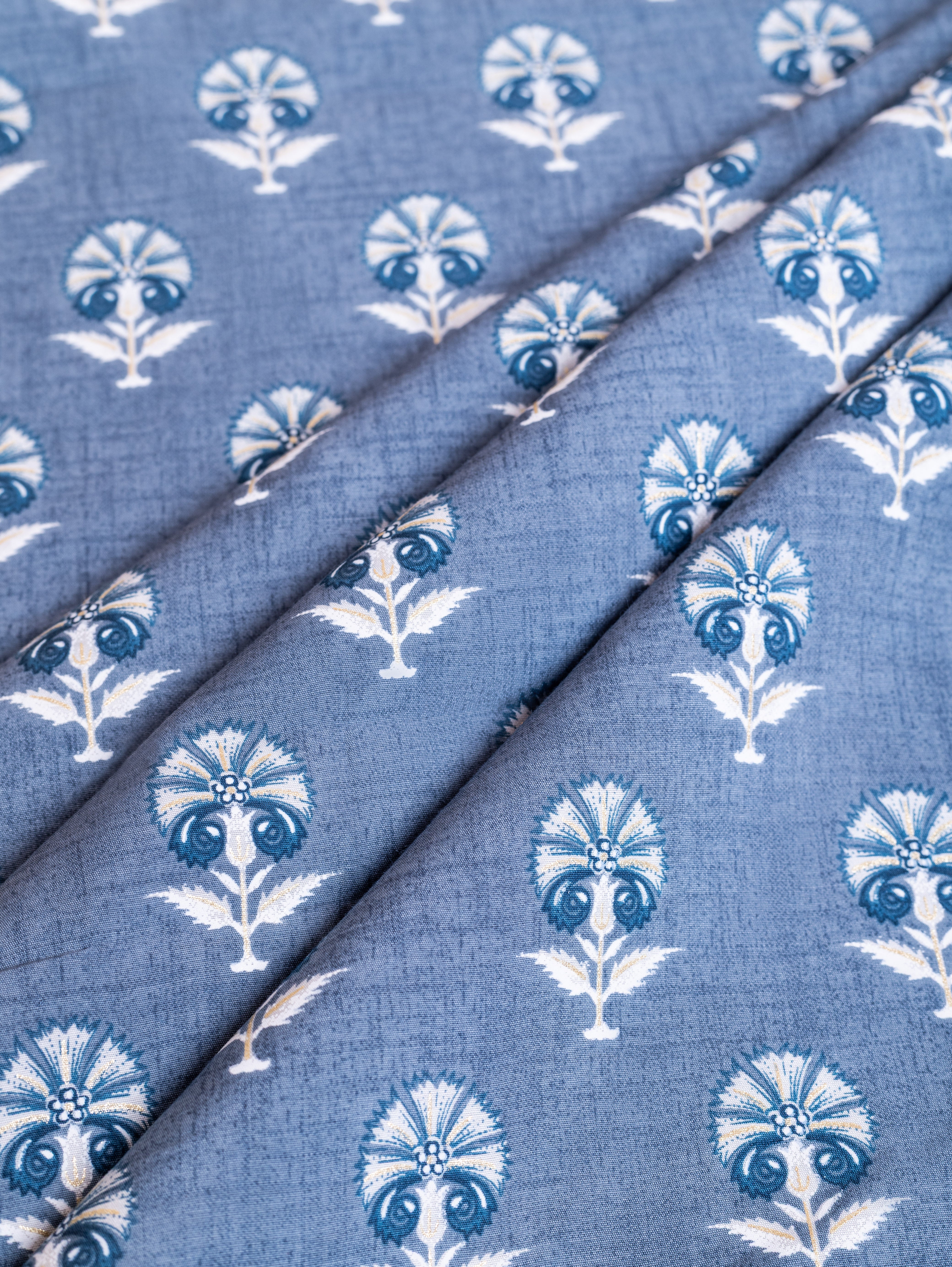 Roze Blue Muslin Fabric with Floral Print and Foil Detailing