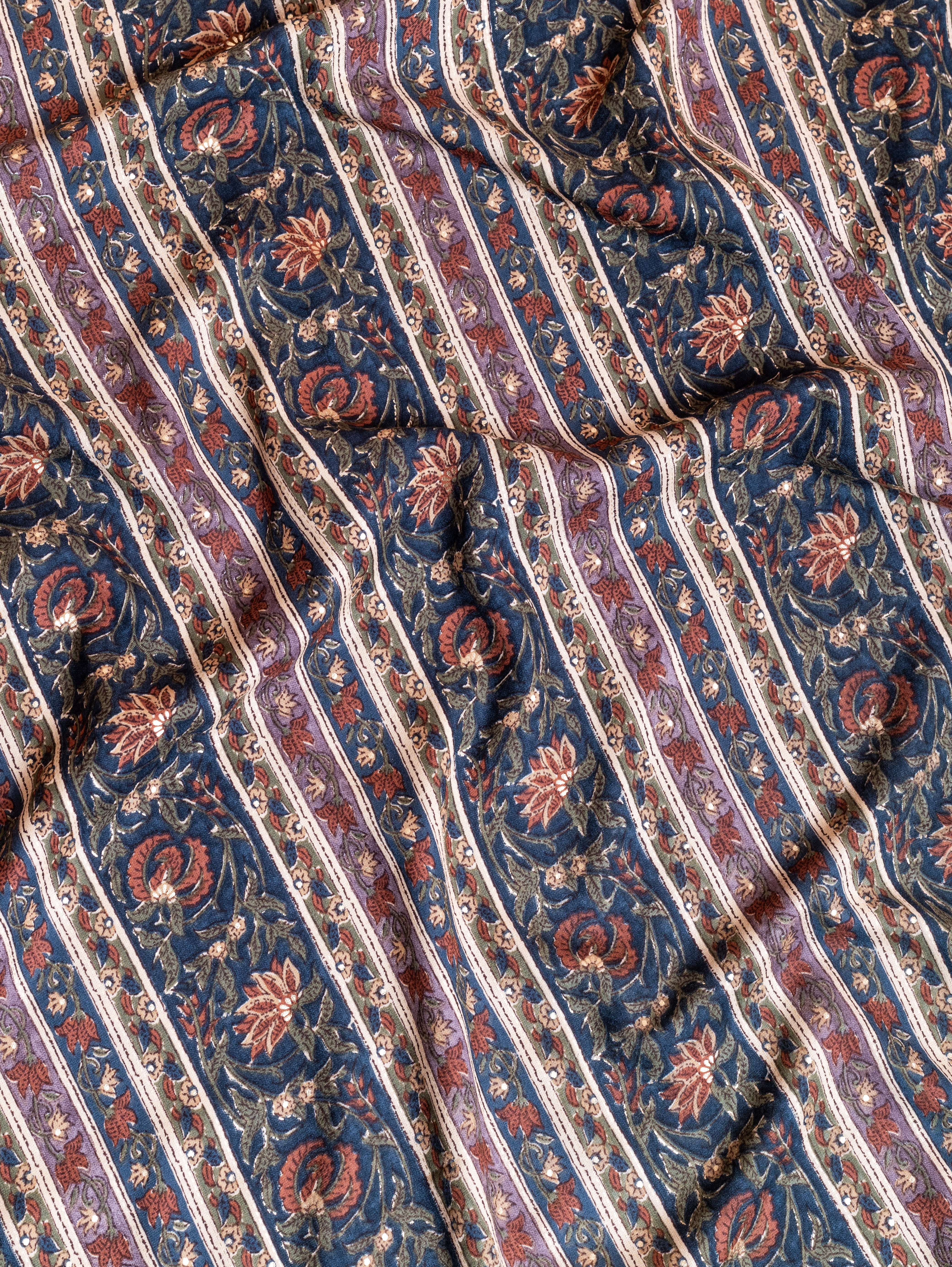 Roze Earthy Shades of Green Rayon Fabric with Linear Floral print and foil detailing