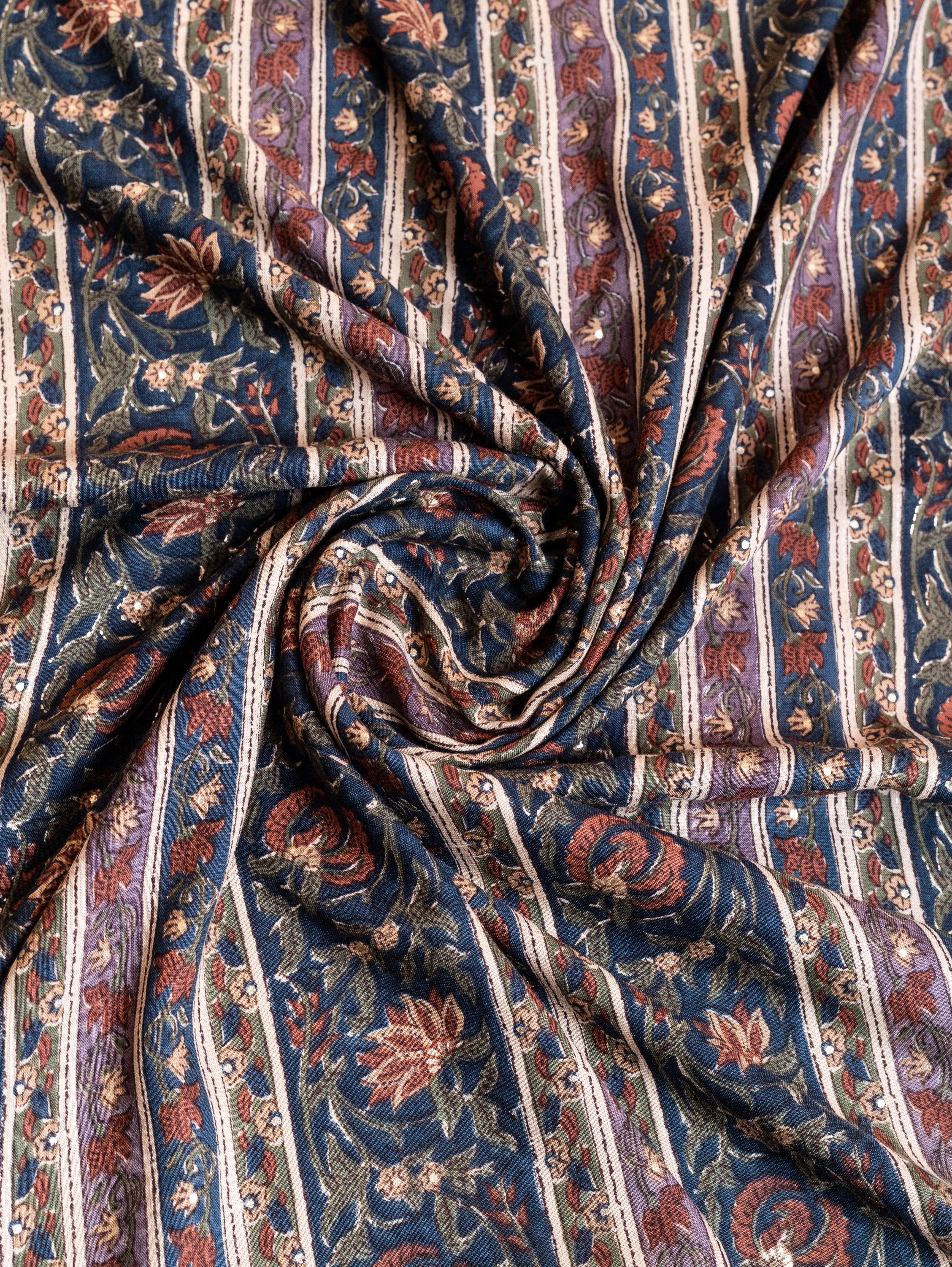 Roze Earthy Shades of Green Rayon Fabric with Linear Floral print and foil detailing