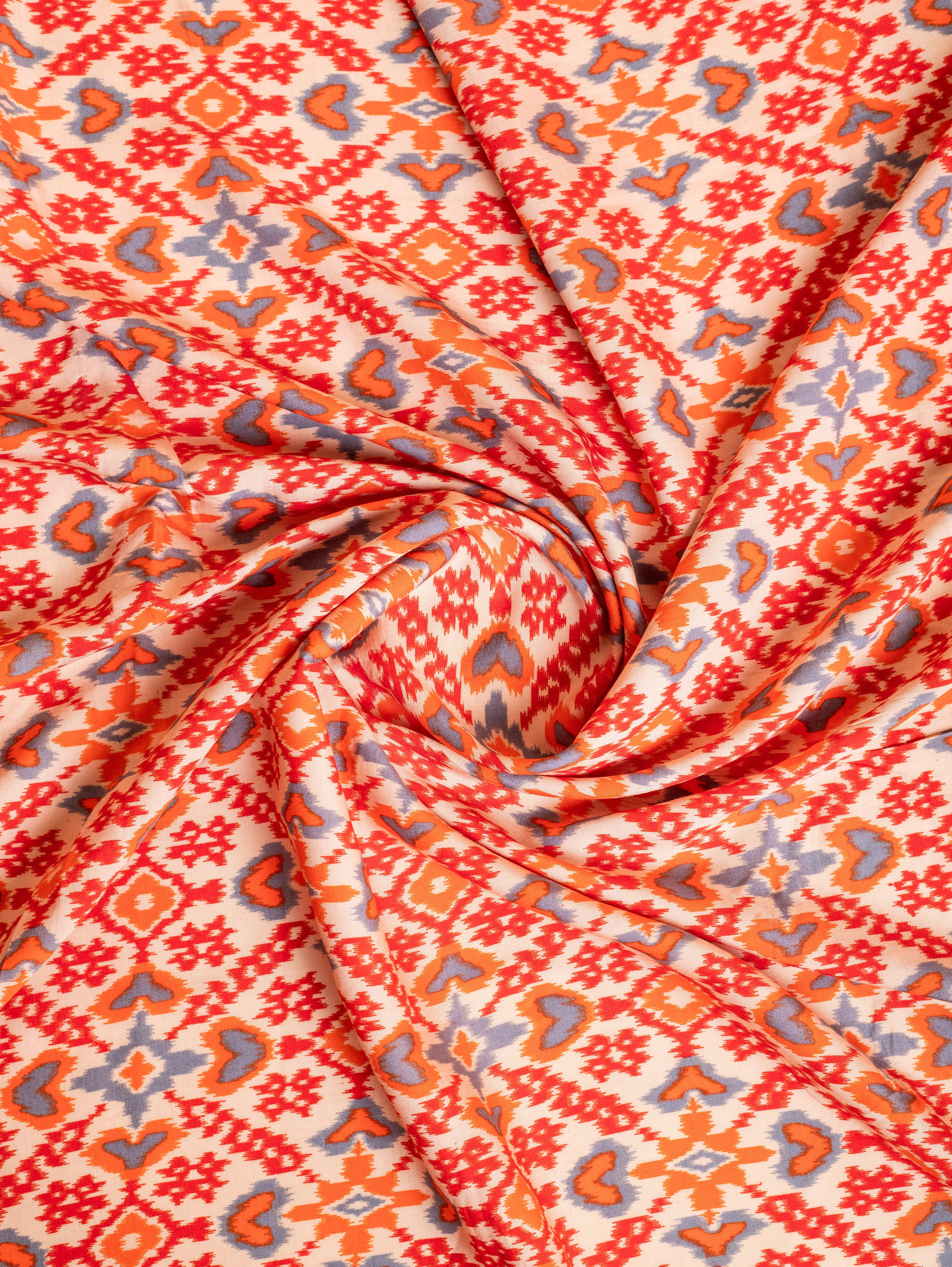 Roze Off-White and Orange Muslin Fabric with Ikkat Print Sterling House