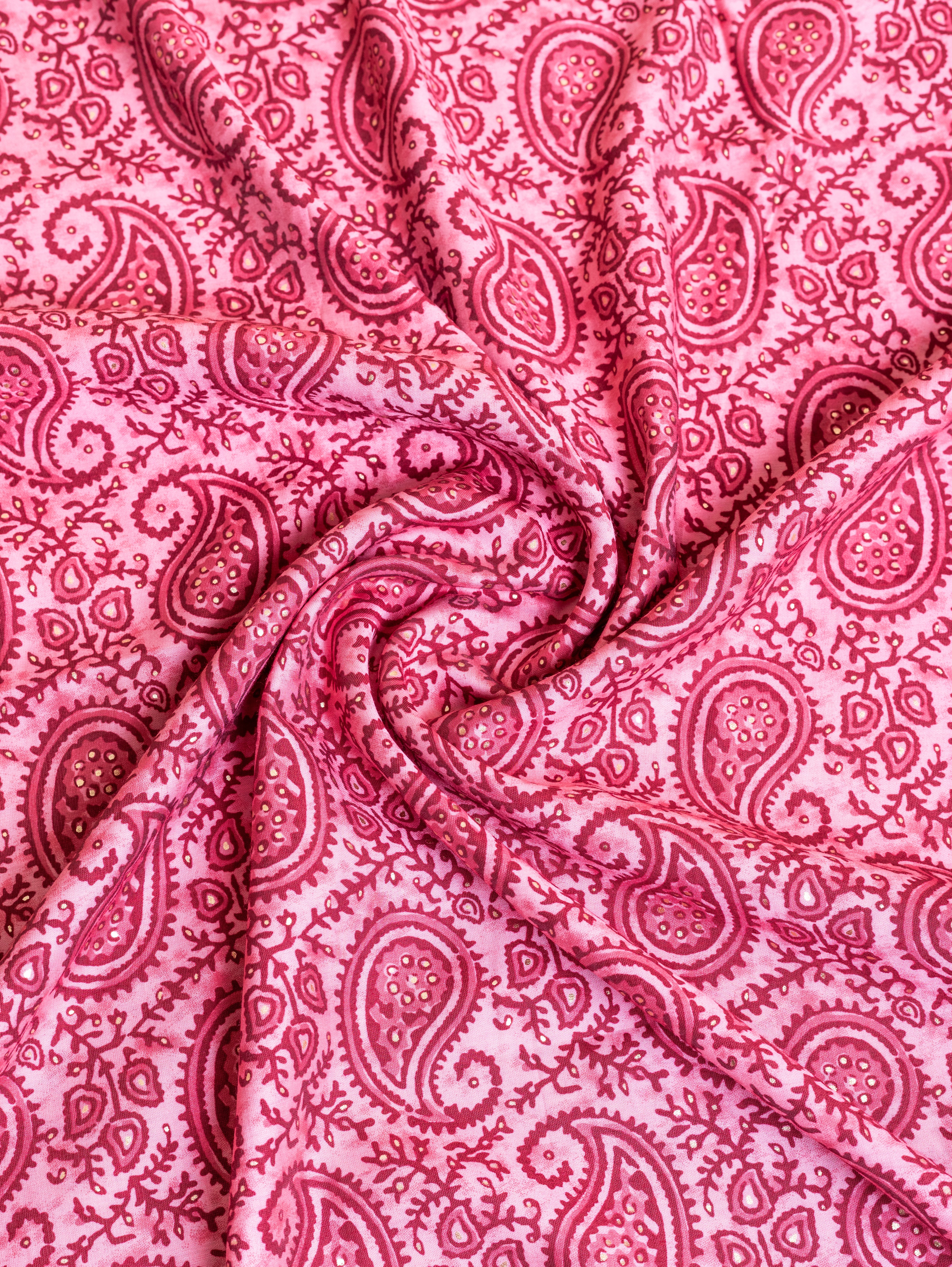 Roze Pink Muslin Fabric with Paisley Print