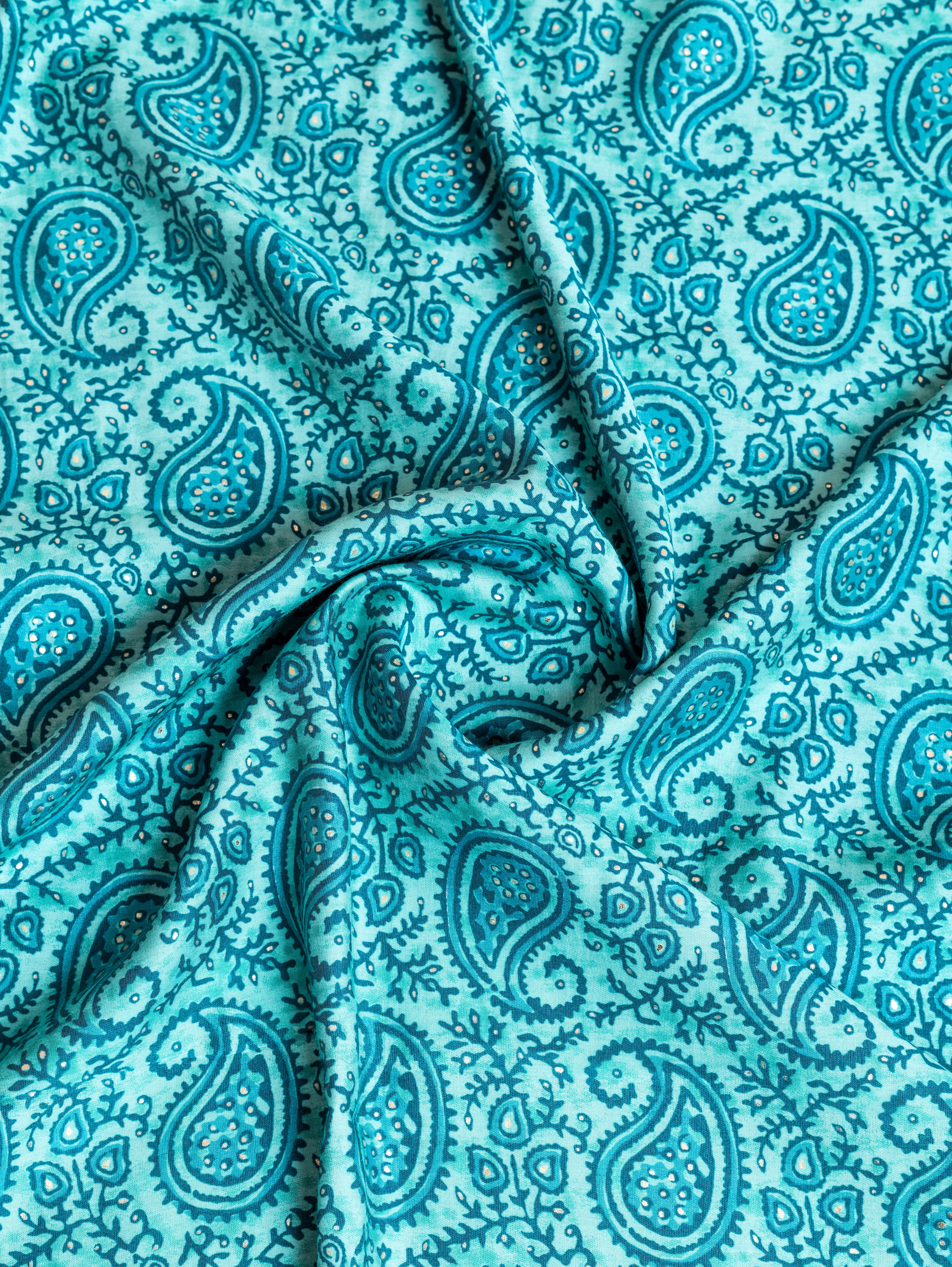 Roze Blue Muslin Fabric with Paisley Print