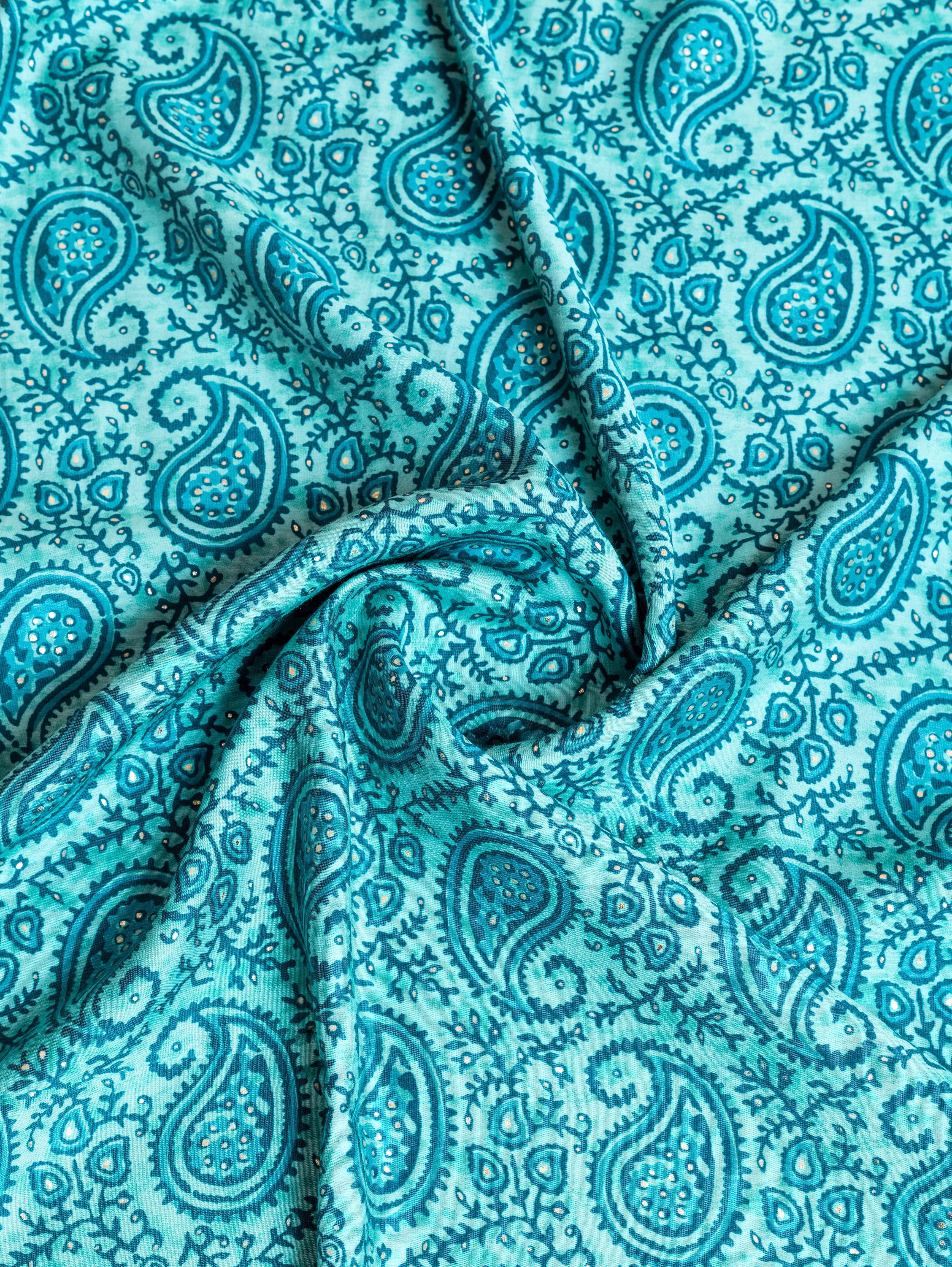 Roze Blue Muslin Fabric with Paisley Print Sterling House