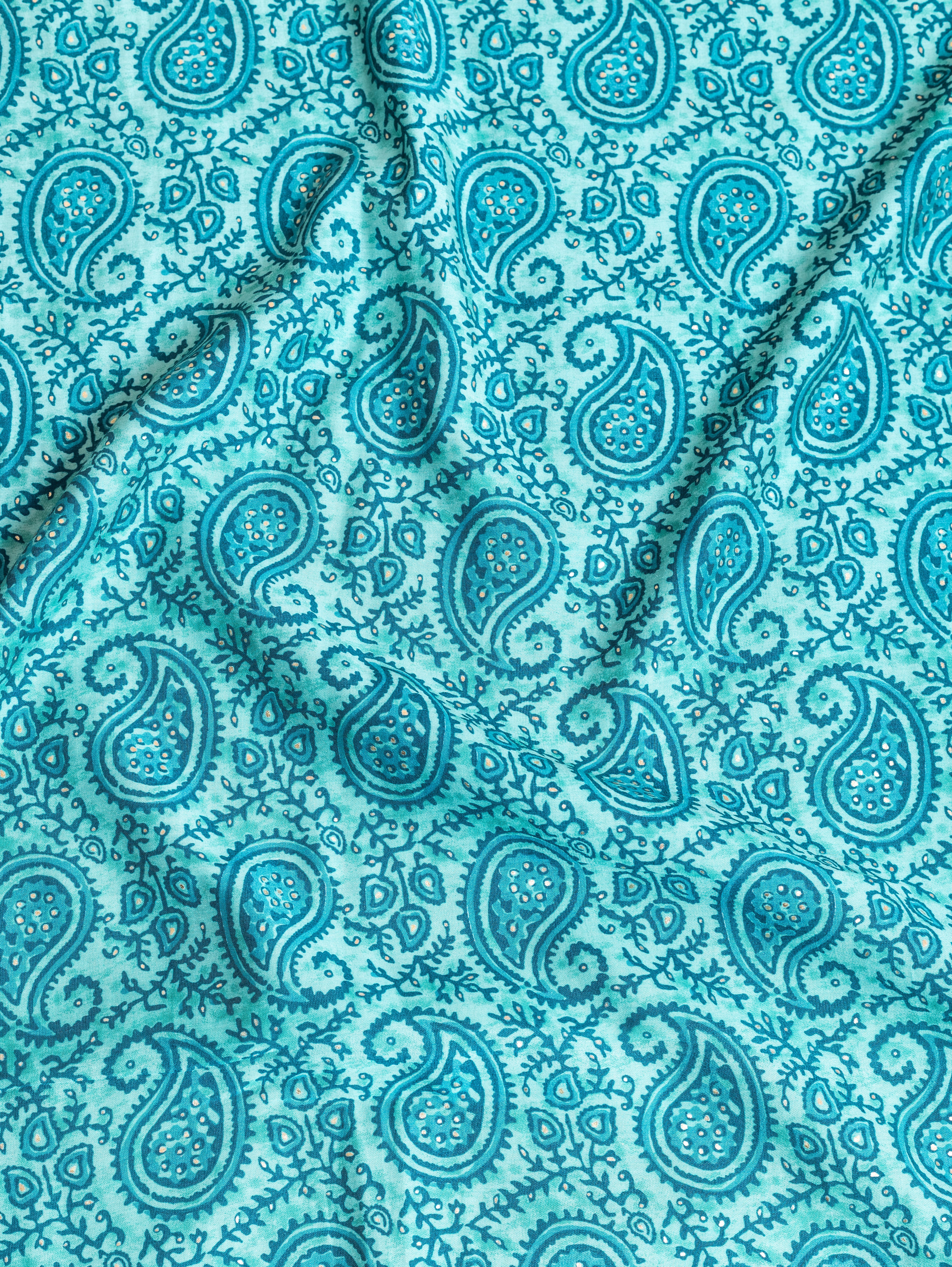 Roze Blue Muslin Fabric with Paisley Print