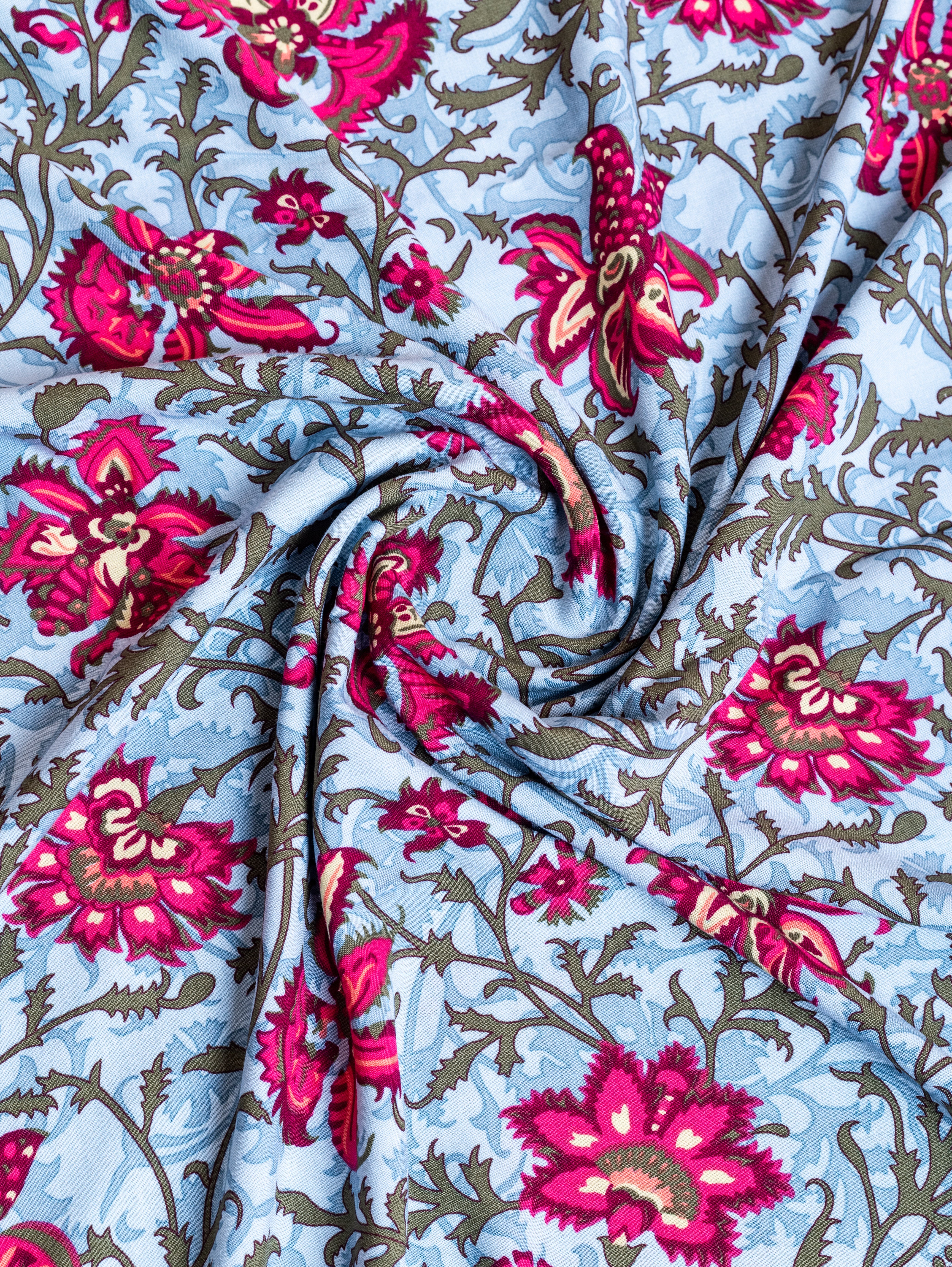 Roze Sky Blue Rayon Fabric with Floral Print