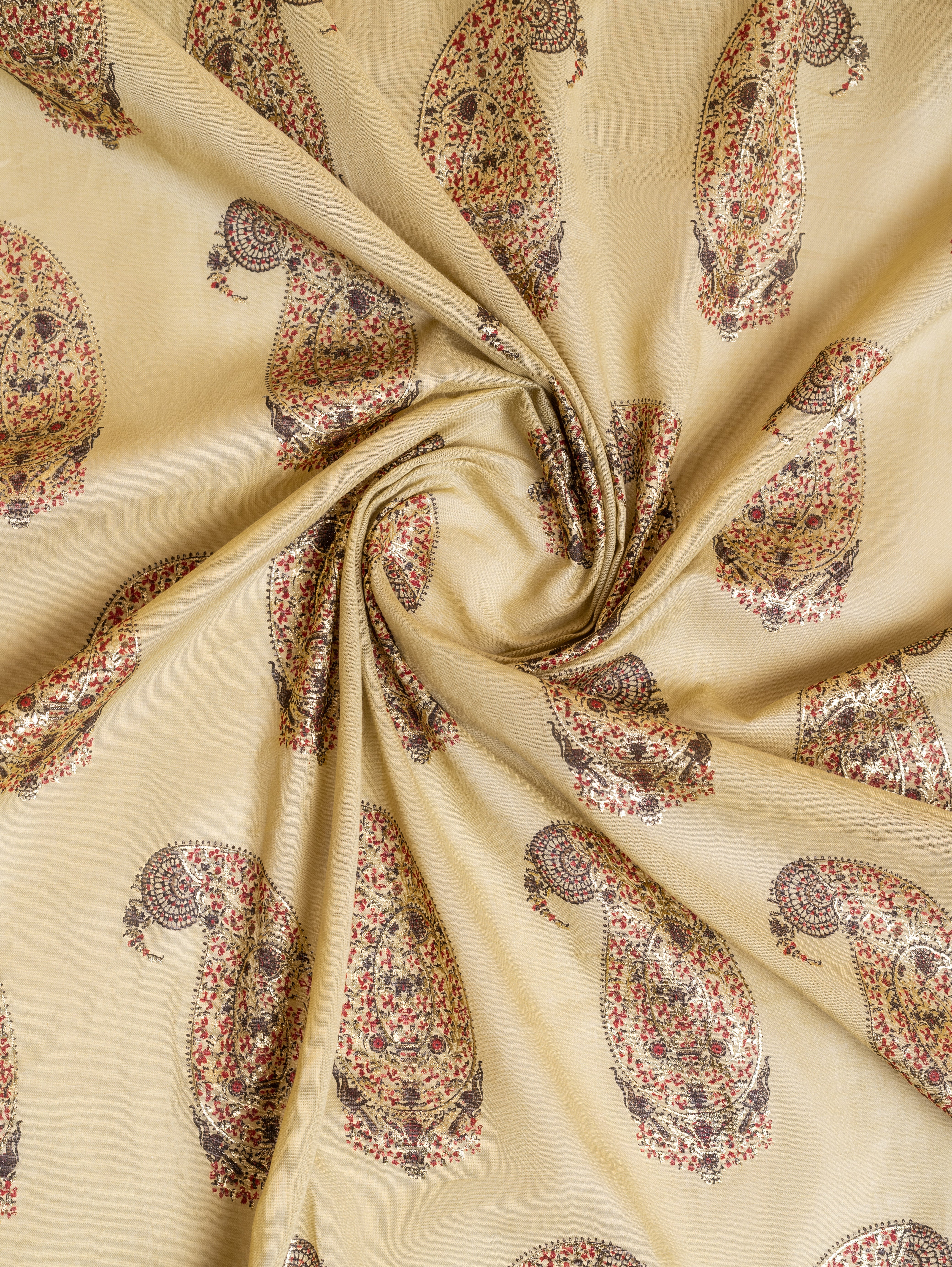 Roze Warm Olive Mul Cotton Fabric with Paisley Print