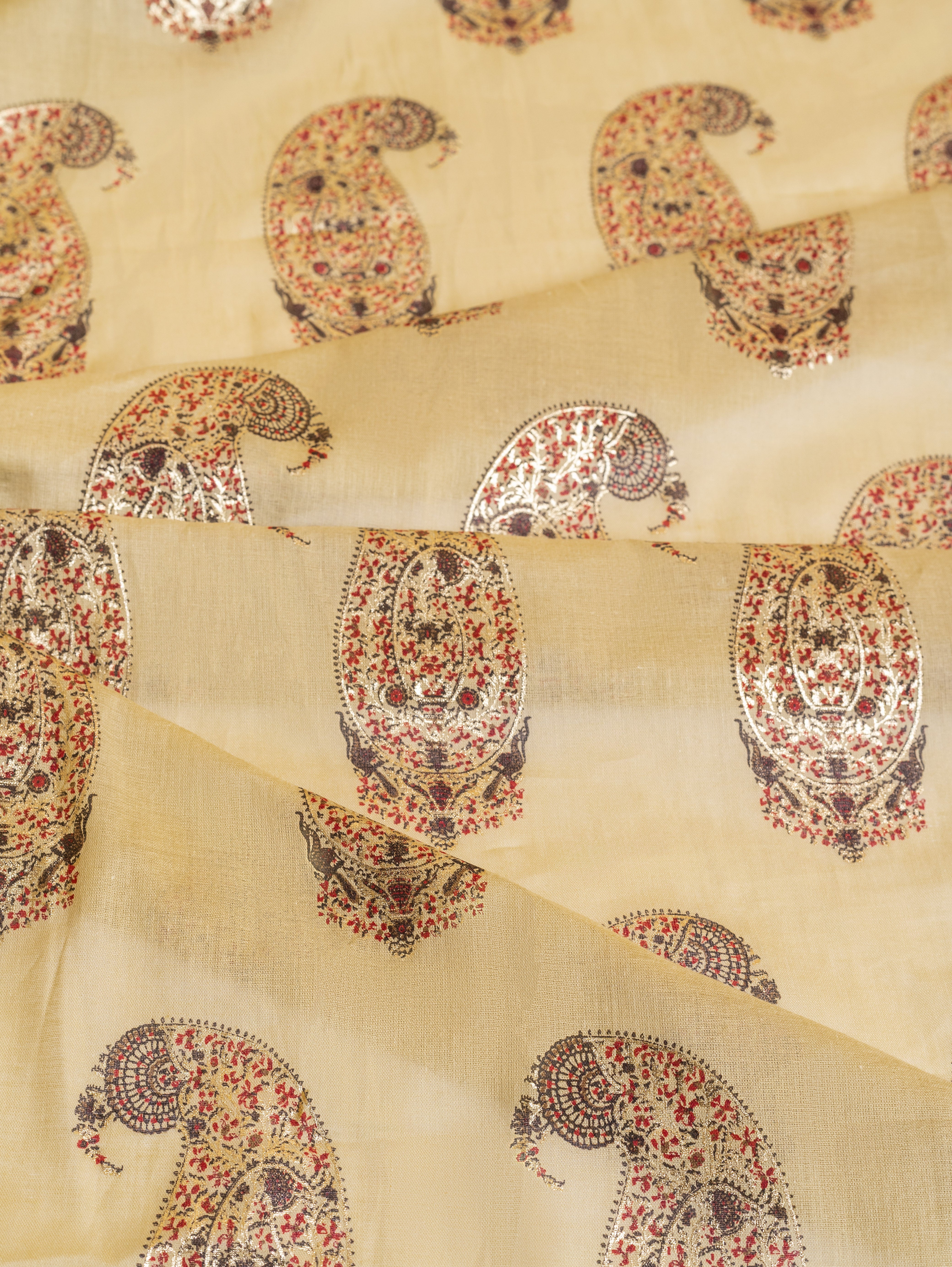 Roze Warm Olive Mul Cotton Fabric with Paisley Print