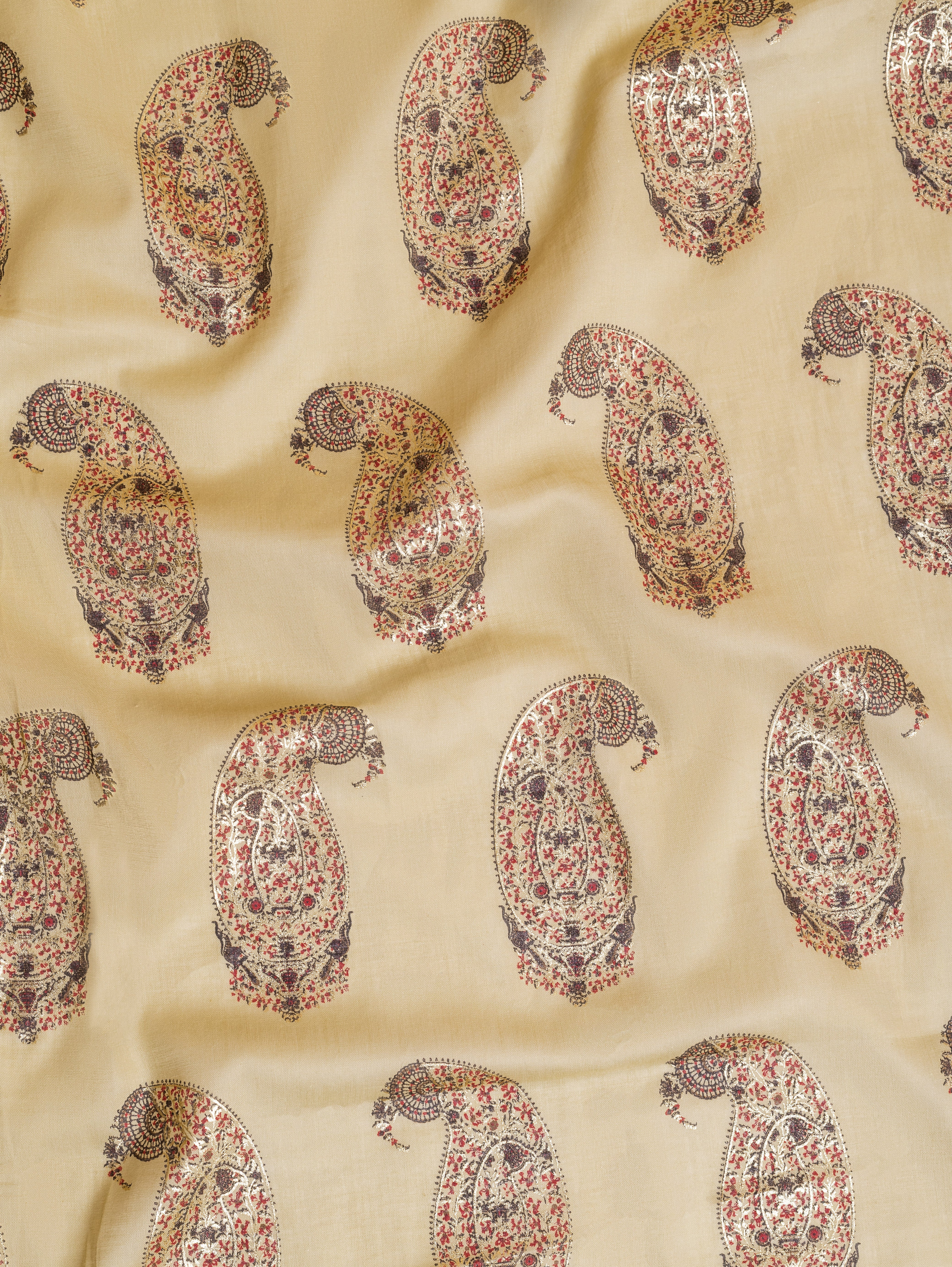 Roze Warm Olive Mul Cotton Fabric with Paisley Print