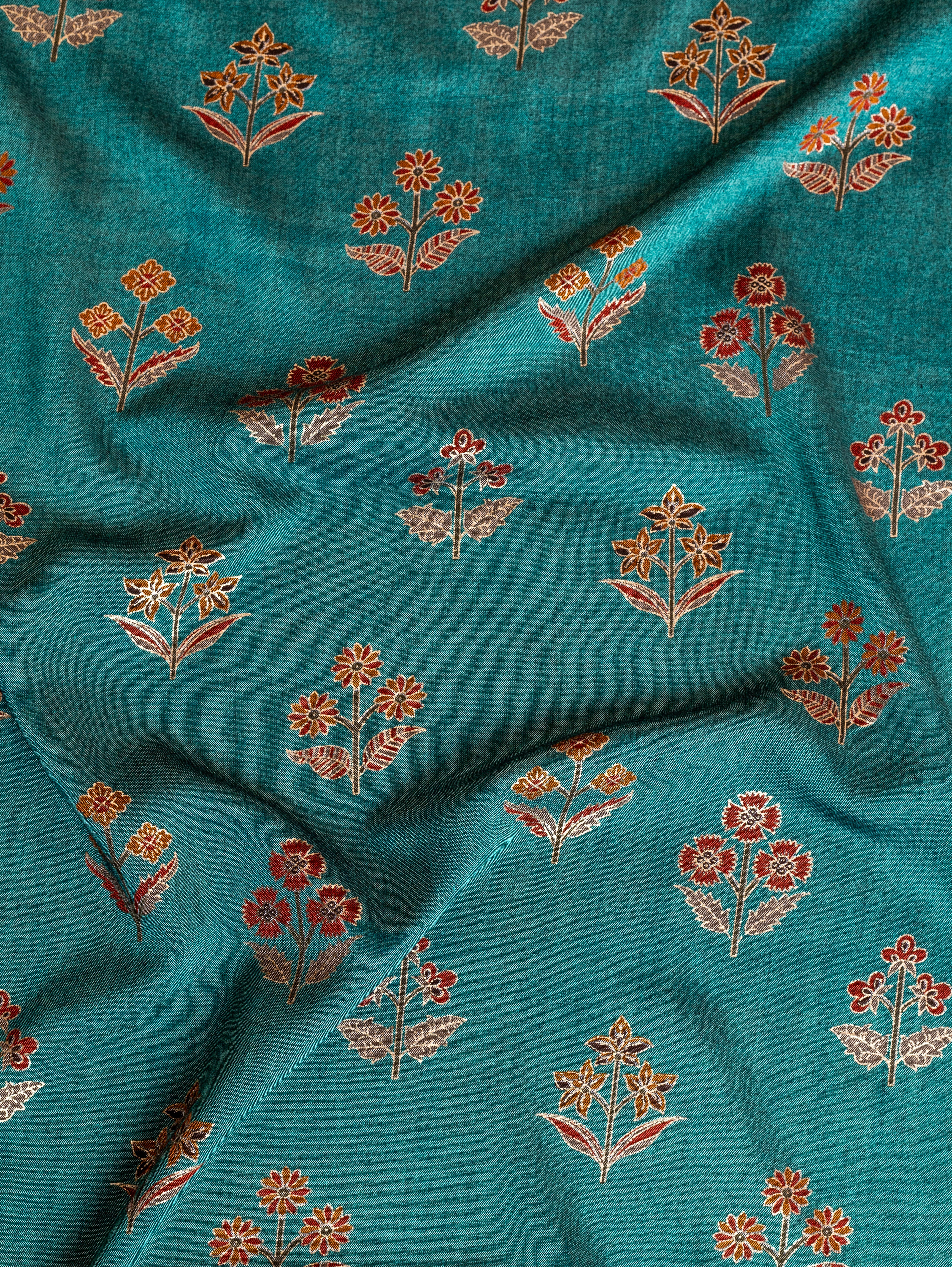 Roze Blue Rayon Fabric with Floral Print and Foil Detailing