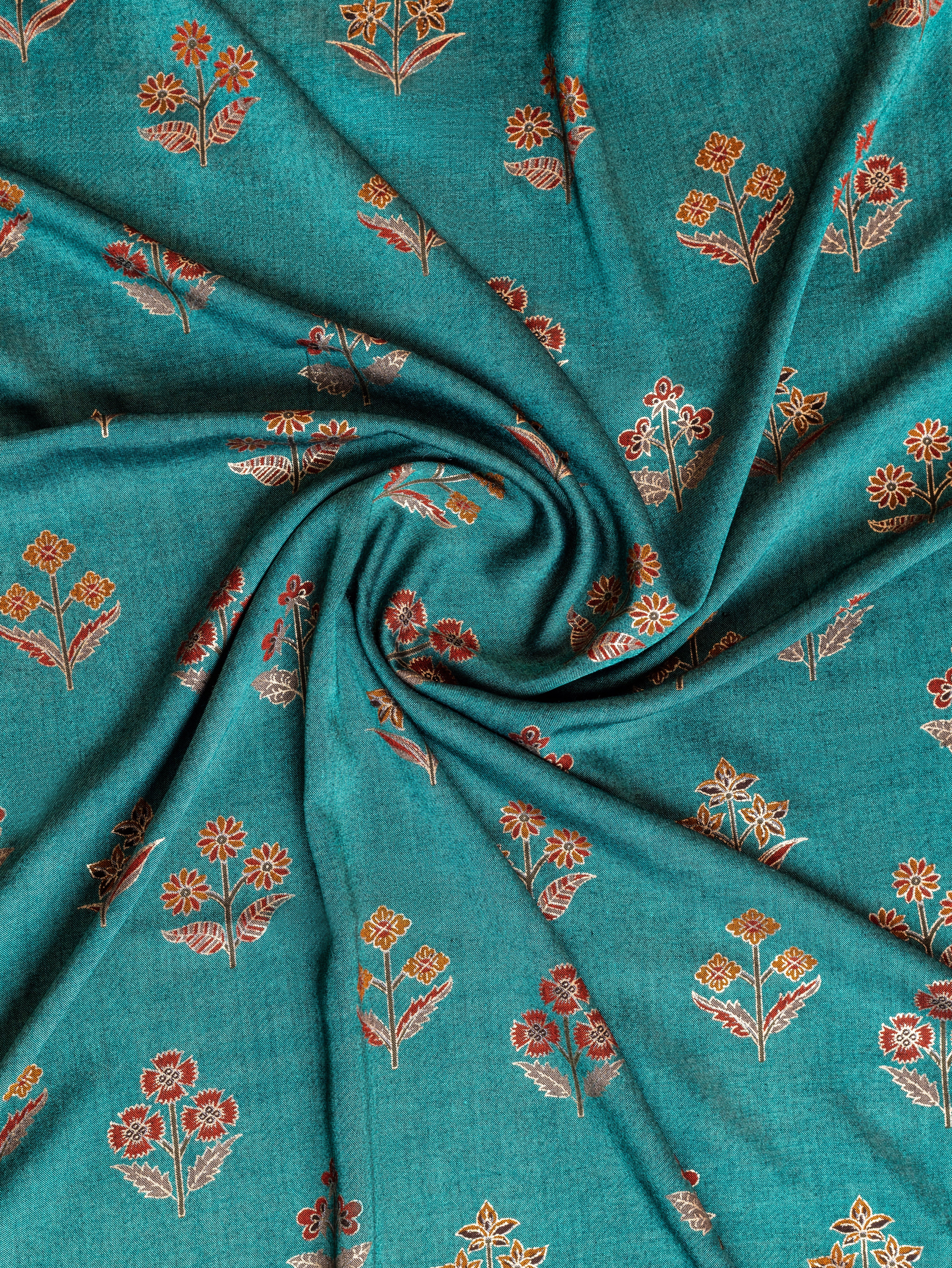 Roze Blue Rayon Fabric with Floral Print and Foil Detailing