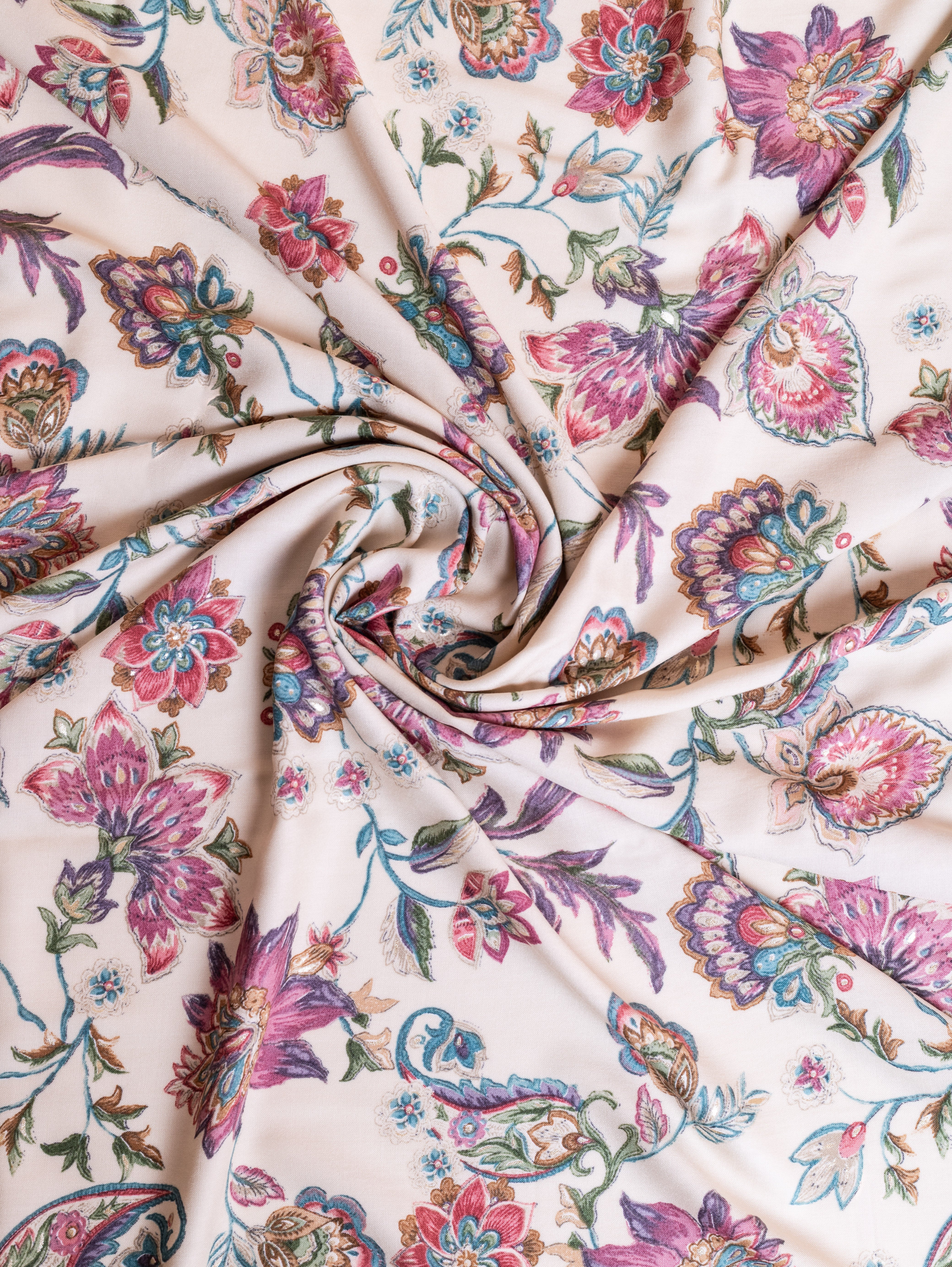 Roze Cream Floral Rayon Fabric with Foil Detailing